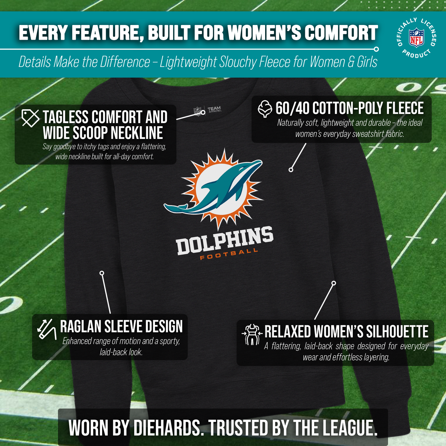 Miami Dolphins Women's NFL Ultimate Fan Logo Slouchy Crewneck -Tagless Fleece Lightweight Pullover - Charcoal