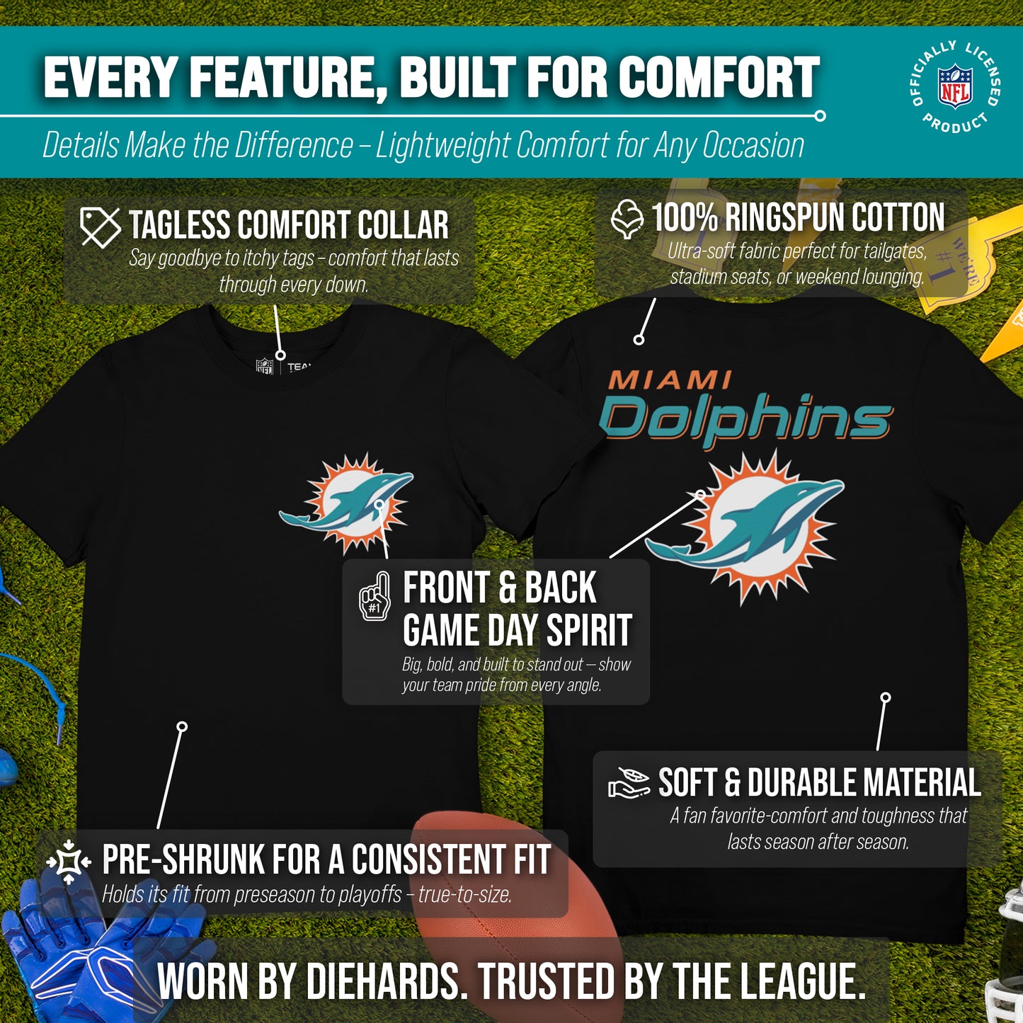 Miami Dolphins NFL Pro Football Final Countdown Adult Cotton-Poly Short Sleeved T-Shirt For Men & Women - Black
