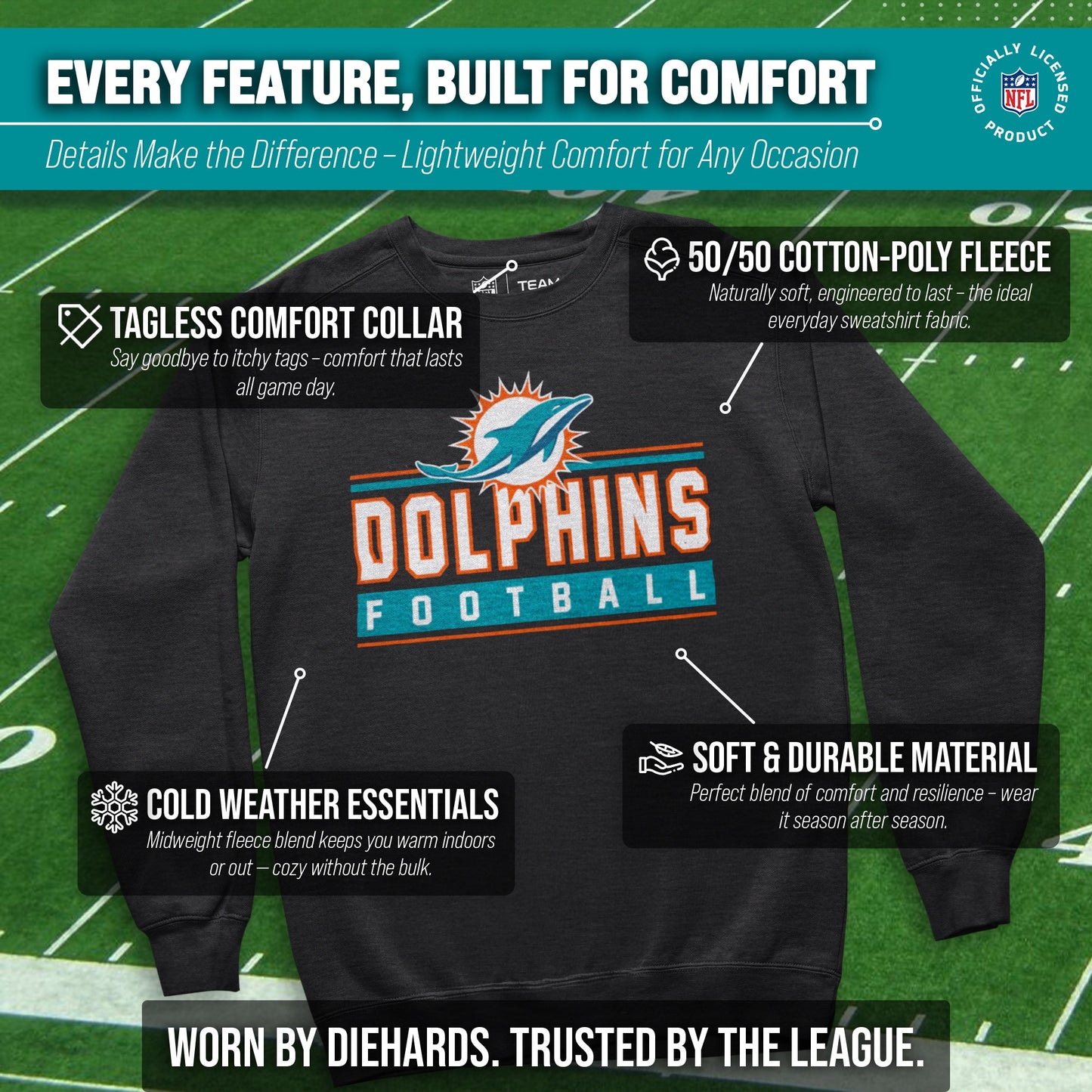Miami Dolphins NFL Adult True Fan Crewneck Sweatshirt - Charcoal