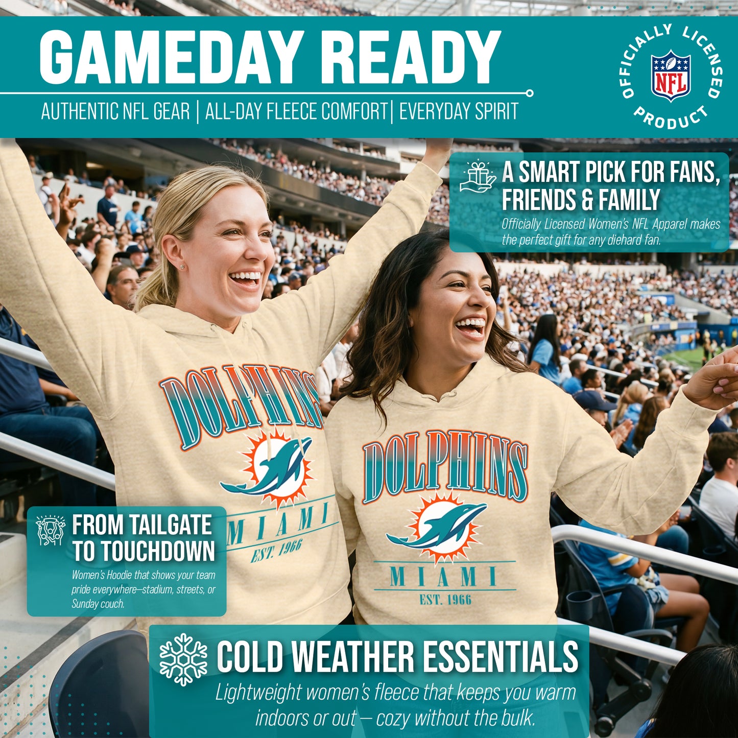 Miami Dolphins Ladies NFL Starstruck Fleece Pullover Hooded Sweatshirt - Cream
