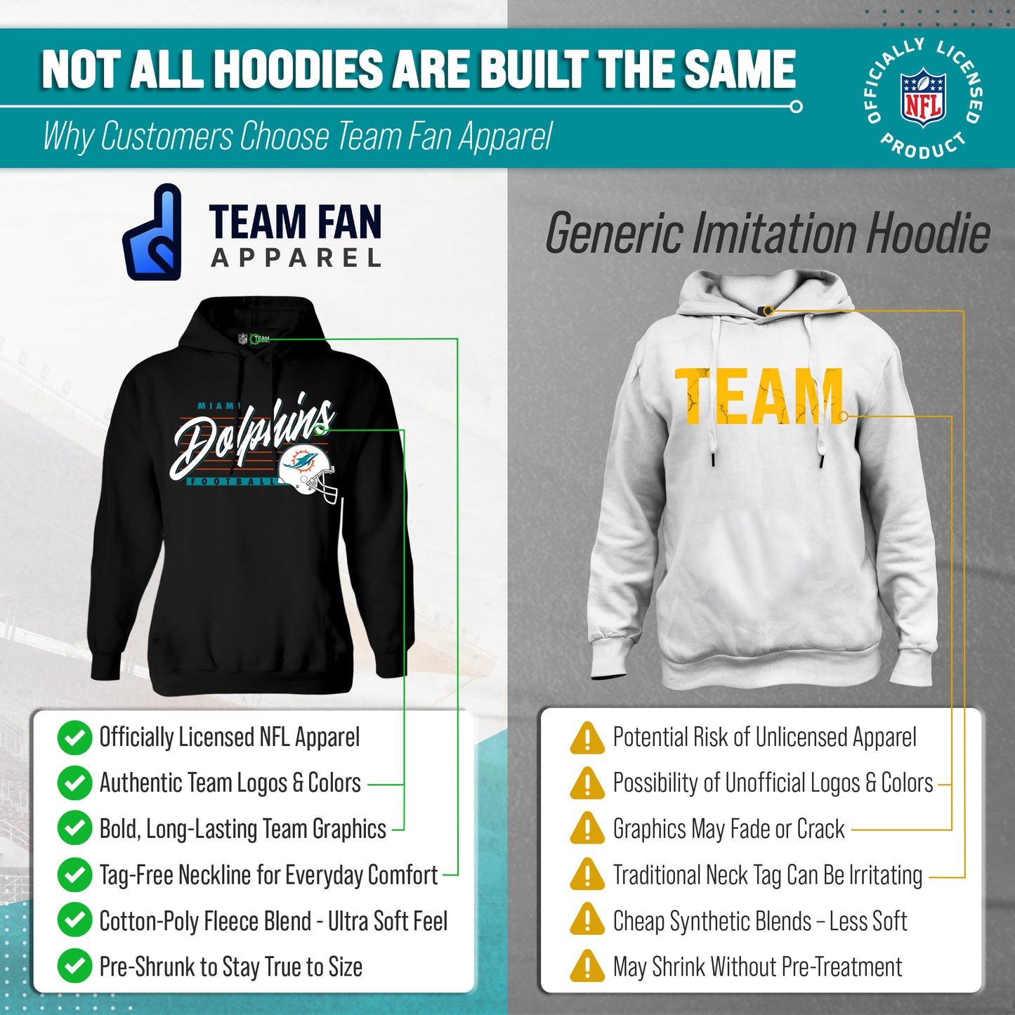 Miami Dolphins Ladies NFL Scrimmage Line Fleece Pullover Hooded Sweatshirt - Black
