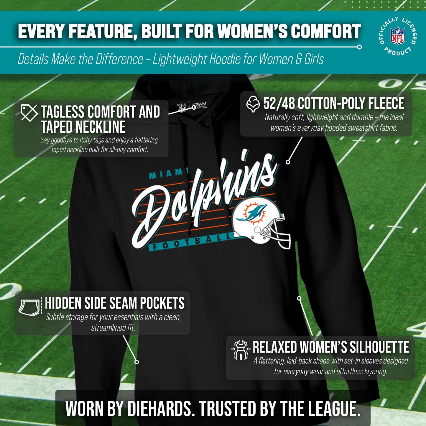 Miami Dolphins Ladies NFL Scrimmage Line Fleece Pullover Hooded Sweatshirt - Black