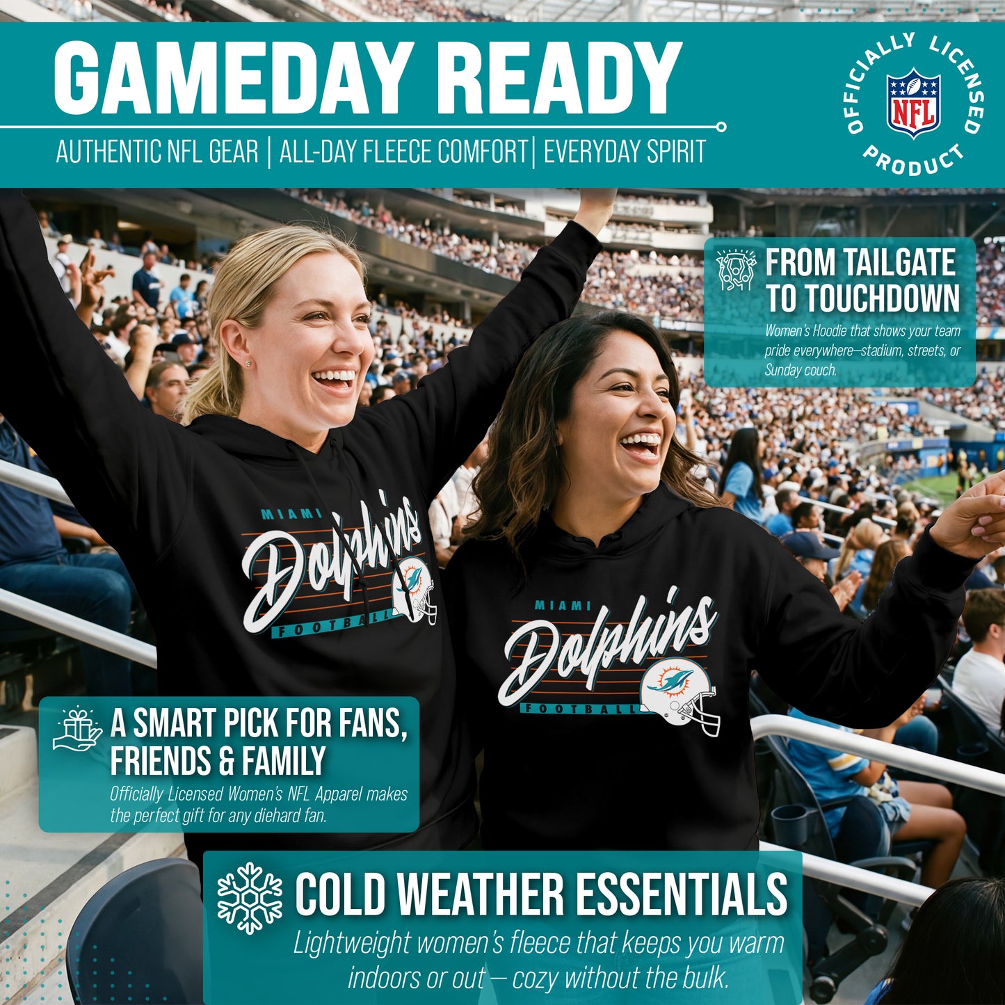 Miami Dolphins Ladies NFL Scrimmage Line Fleece Pullover Hooded Sweatshirt - Black