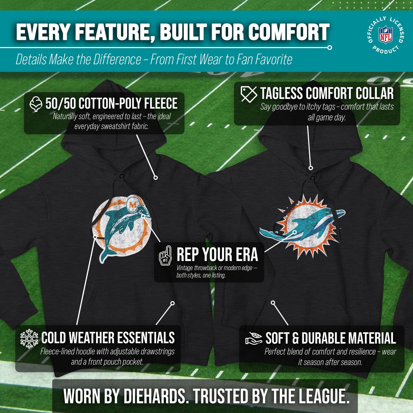 Miami Dolphins NFL Adult Unisex Modern Throwback Ultra Soft Fleece Hooded Sweatshirt - Black