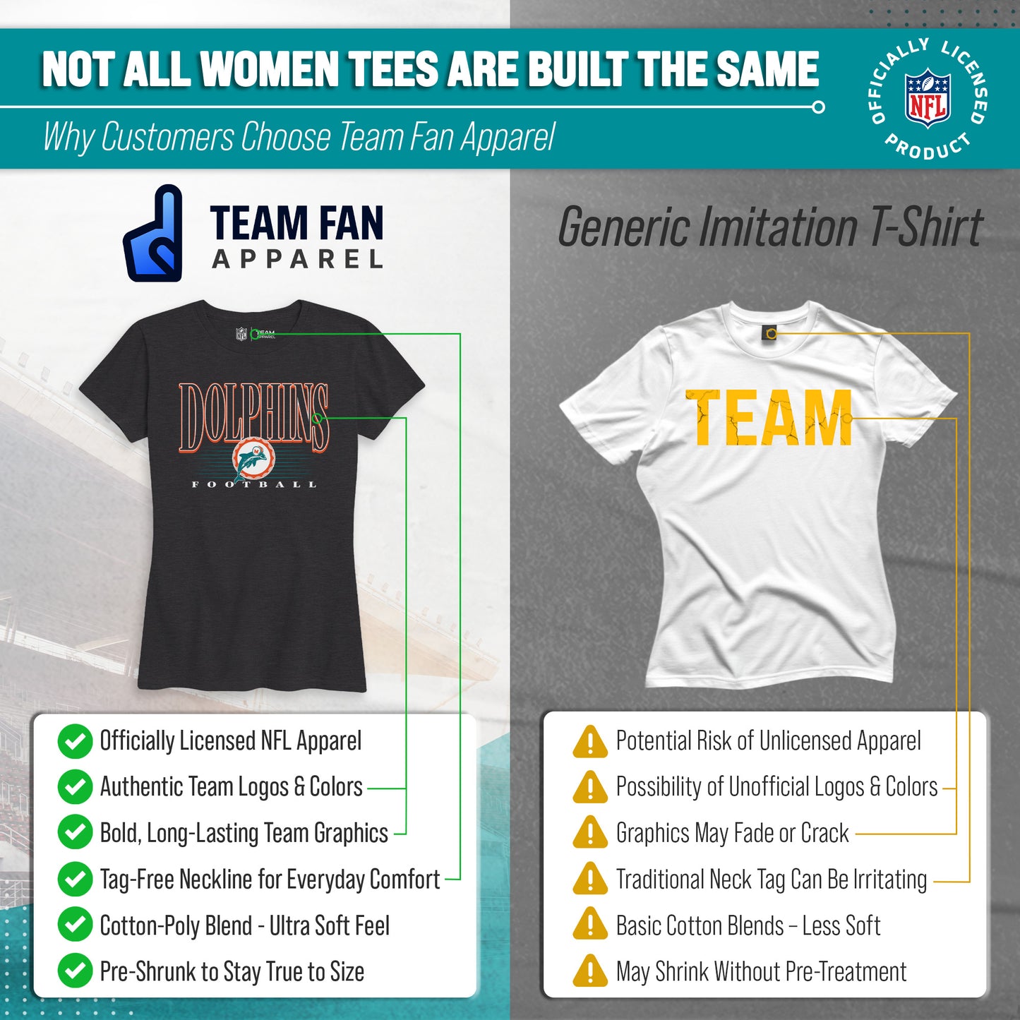 Miami Dolphins NFL Womens Overtime Blueprint Tag-Less T-Shirt - Black