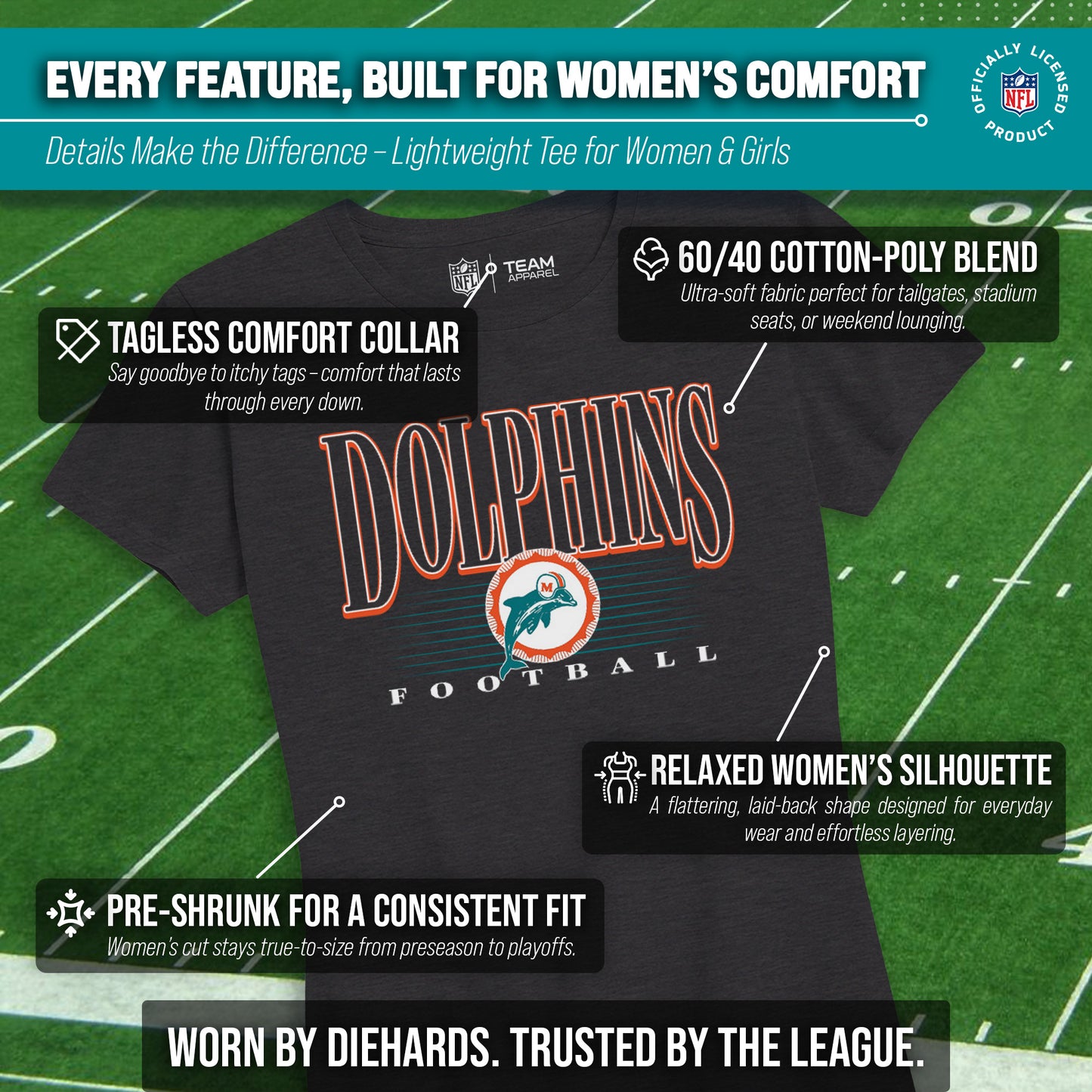Miami Dolphins NFL Womens Overtime Blueprint Tag-Less T-Shirt - Black