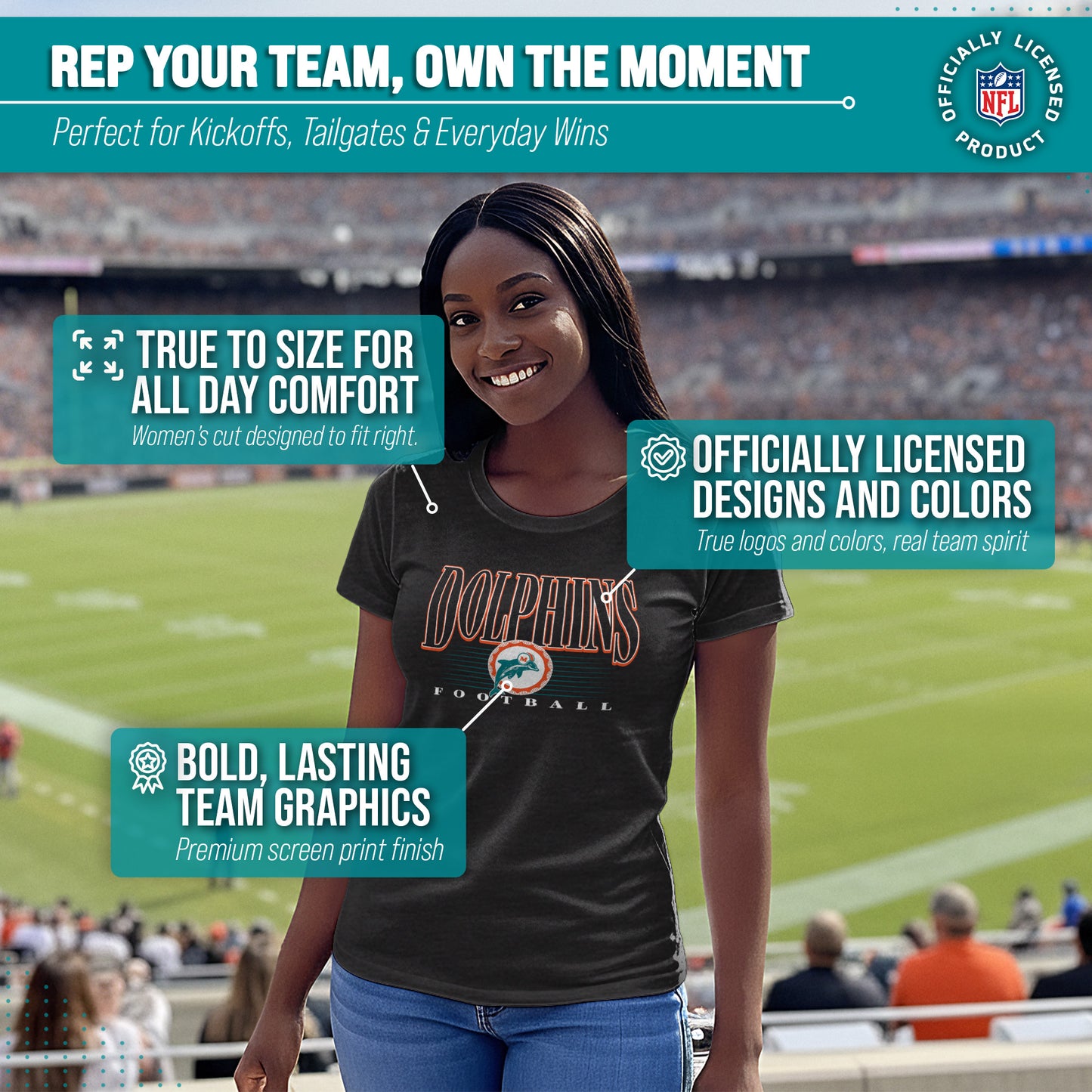 Miami Dolphins NFL Womens Overtime Blueprint Tag-Less T-Shirt - Black
