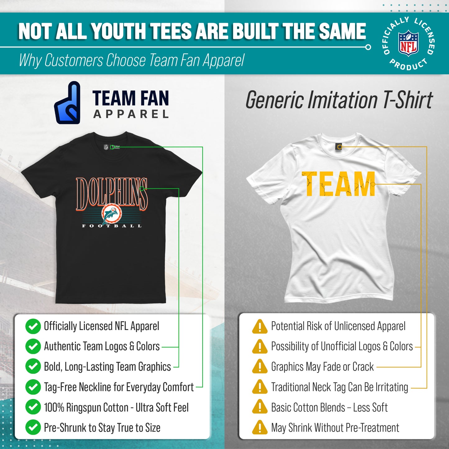 Miami Dolphins NFL Youth Overtime Blueprint Football T-Shirt Unisex Tag Free Comfortable - Black