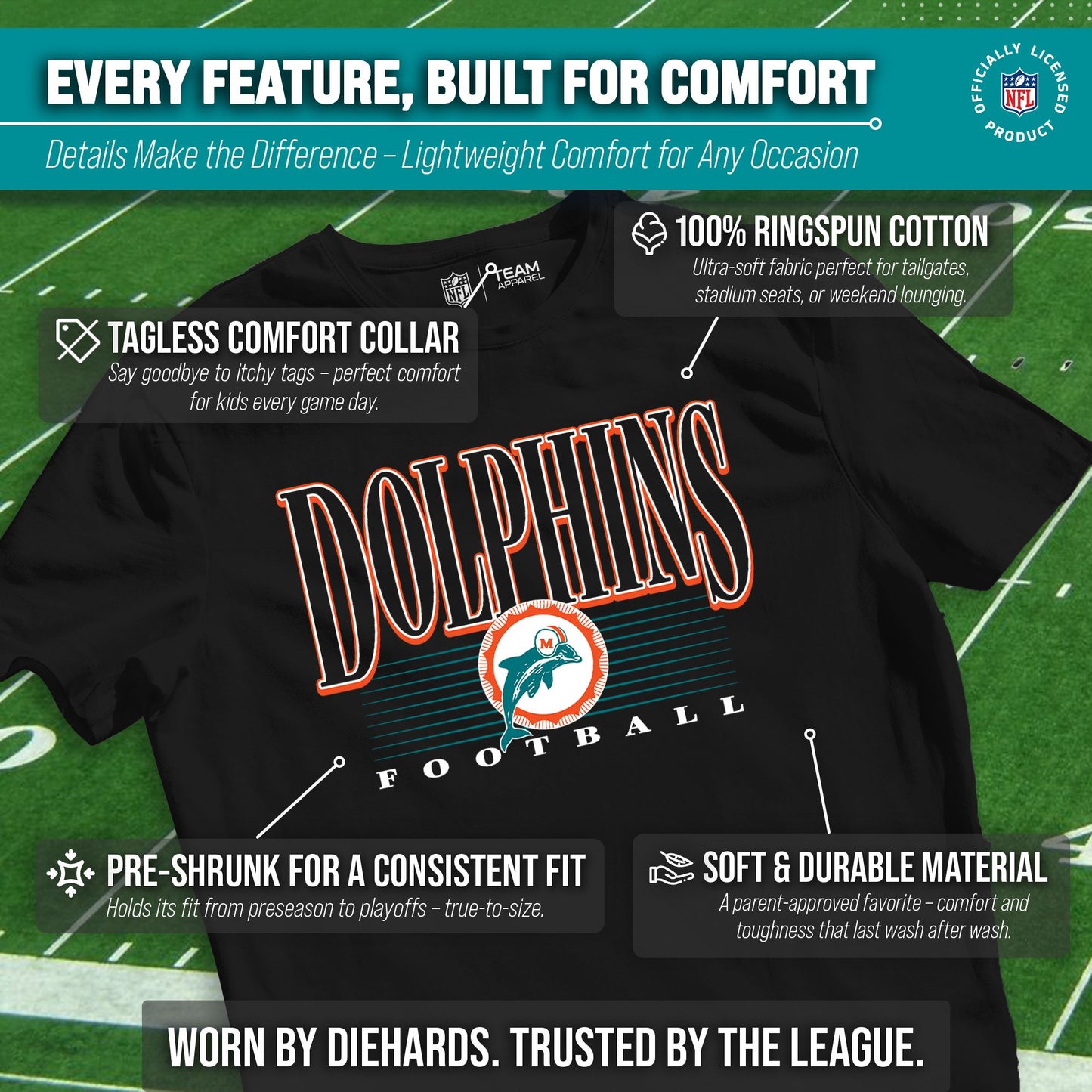 Miami Dolphins NFL Youth Overtime Blueprint Football T-Shirt Unisex Tag Free Comfortable - Black