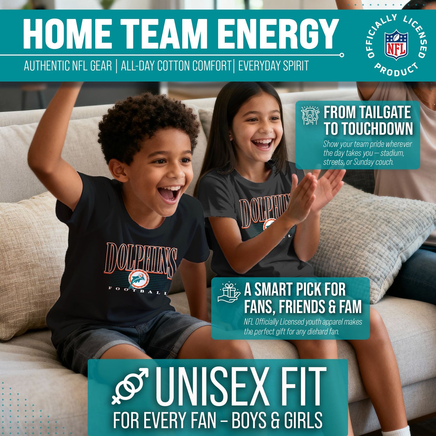 Miami Dolphins NFL Youth Overtime Blueprint Football T-Shirt Unisex Tag Free Comfortable - Black