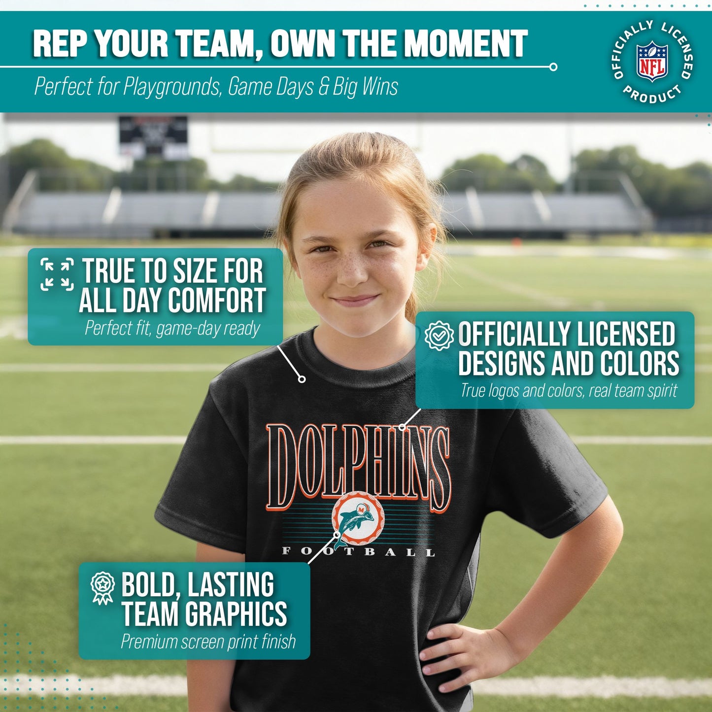 Miami Dolphins NFL Youth Overtime Blueprint Football T-Shirt Unisex Tag Free Comfortable - Black