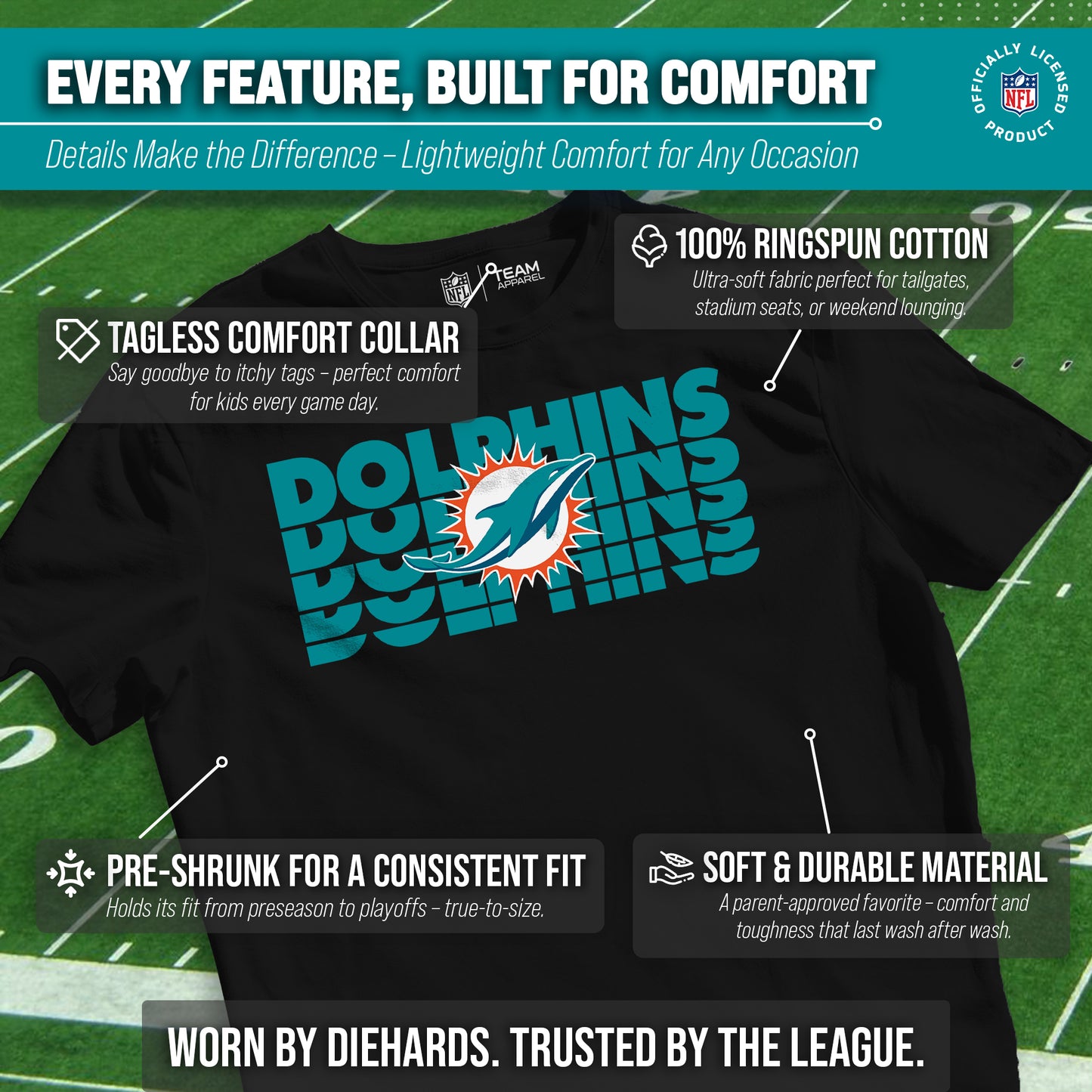 Miami Dolphins NFL Youth Repeating Logo Football T-Shirt Unisex Tag Free Comfortable - Black