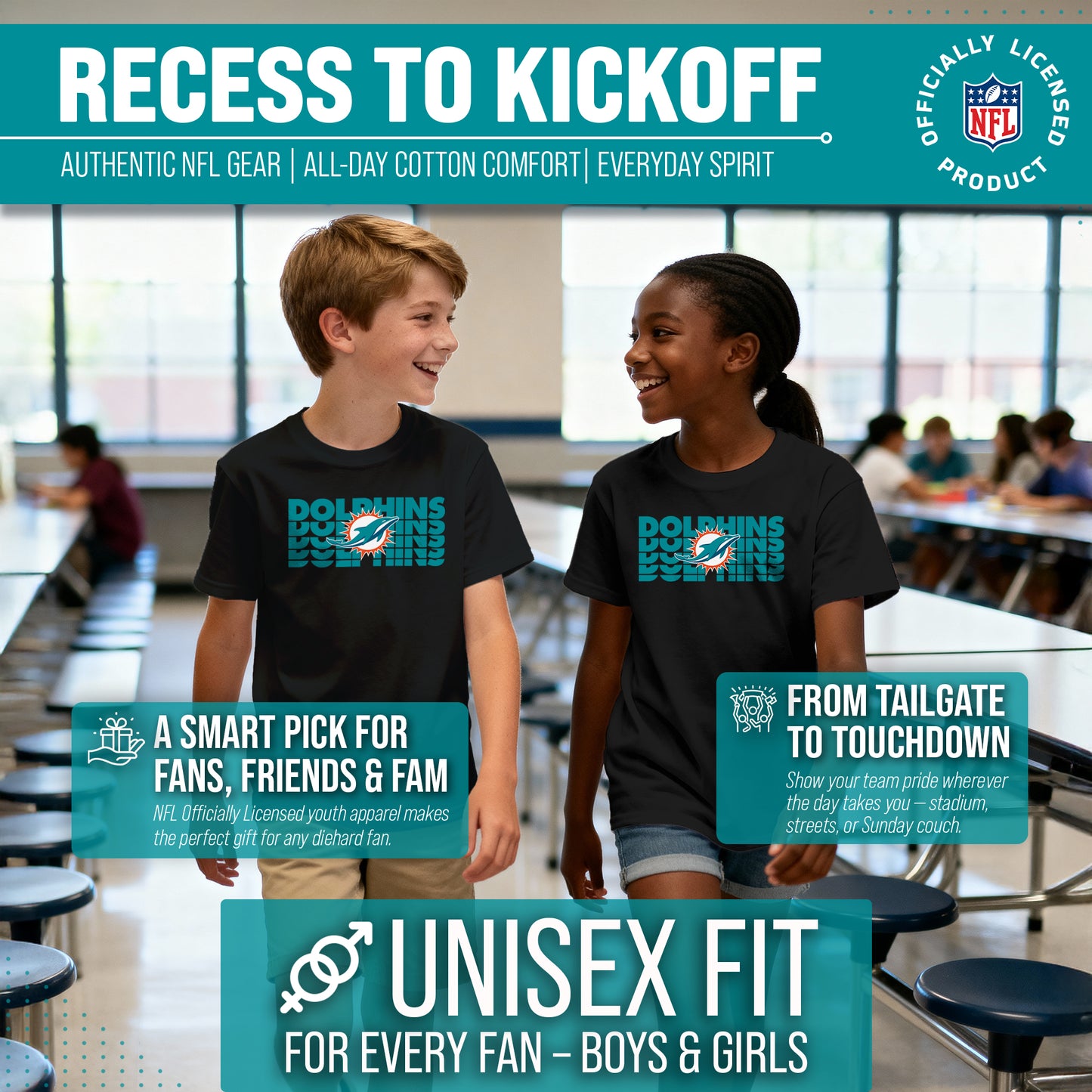 Miami Dolphins NFL Youth Repeating Logo Football T-Shirt Unisex Tag Free Comfortable - Black