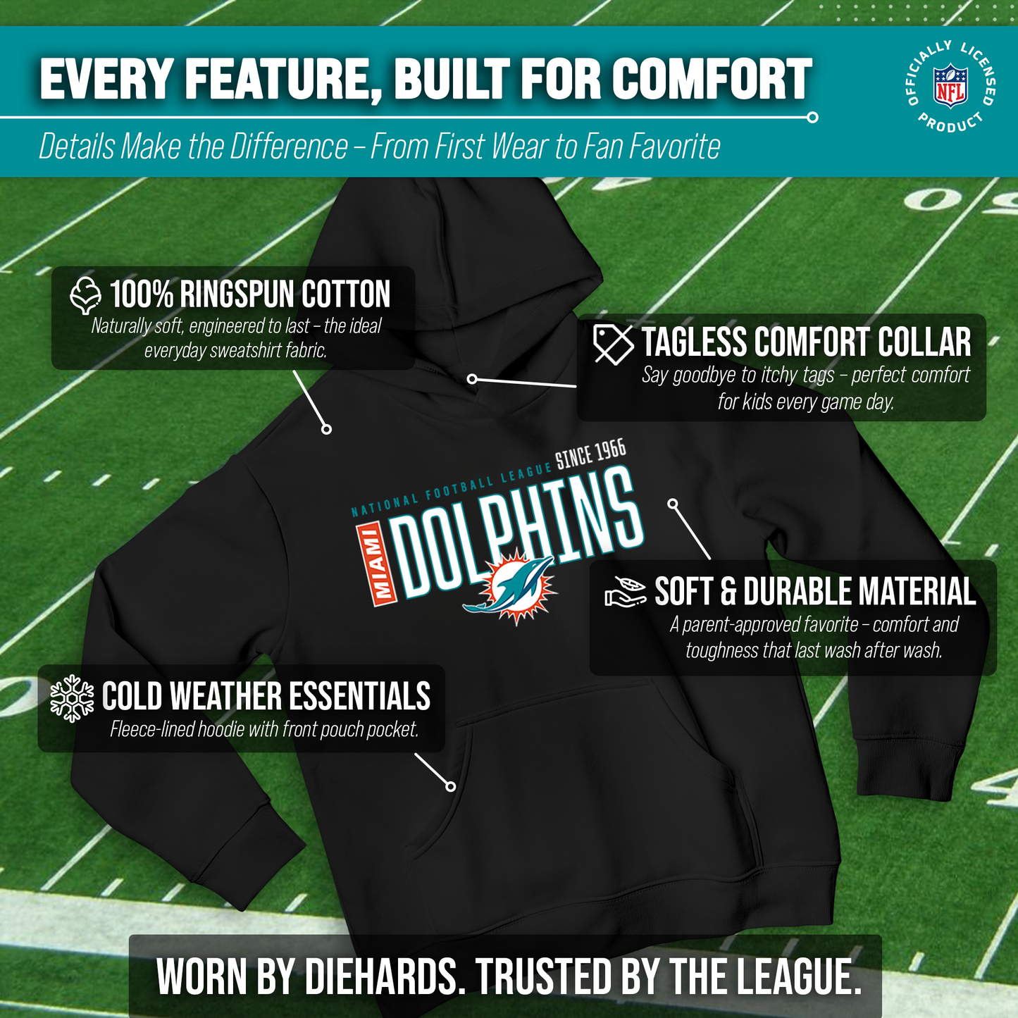 Miami Dolphins NFL Youth Modern Endzone Football Fleece Hooded Sweatshirt - Black