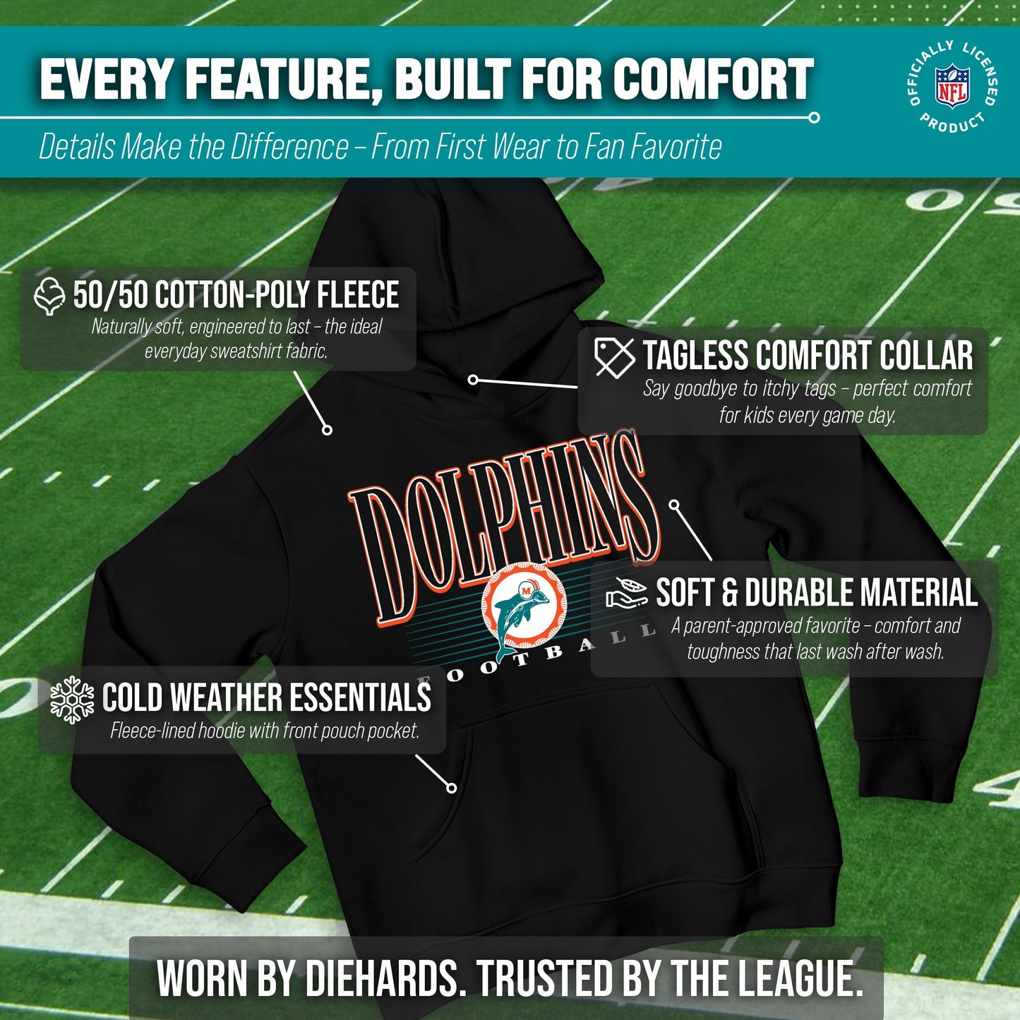 Miami Dolphins NFL Youth Overtime Blueprint Football Fleece Hooded Sweatshirt - Black