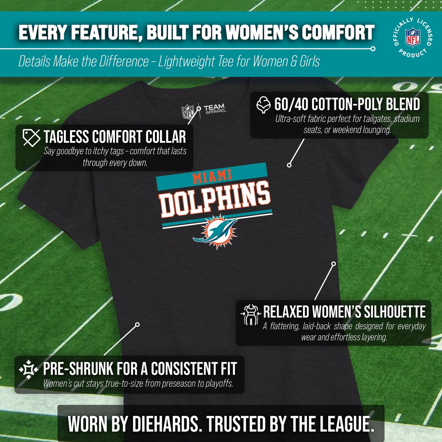 Miami Dolphins NFL Women's Team Block Charcoal Tagless T-Shirt - Charcoal