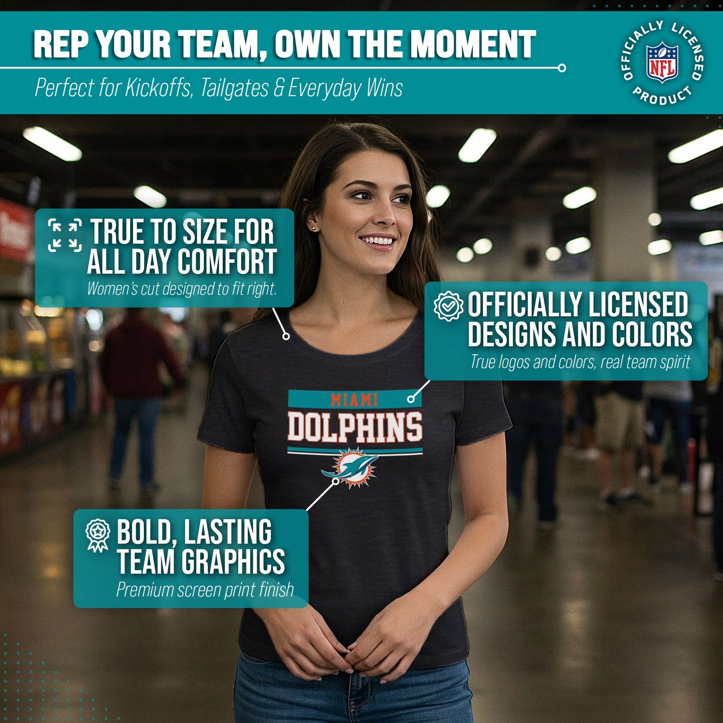 Miami Dolphins NFL Women's Team Block Charcoal Tagless T-Shirt - Charcoal