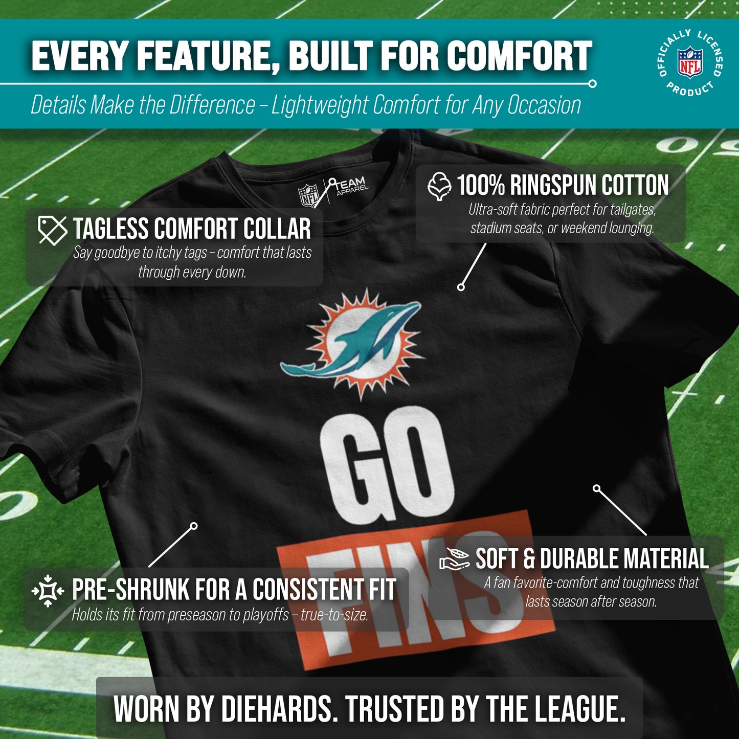 Miami Dolphins NFL Adult Team Slogan Unisex T-Shirt - Black
