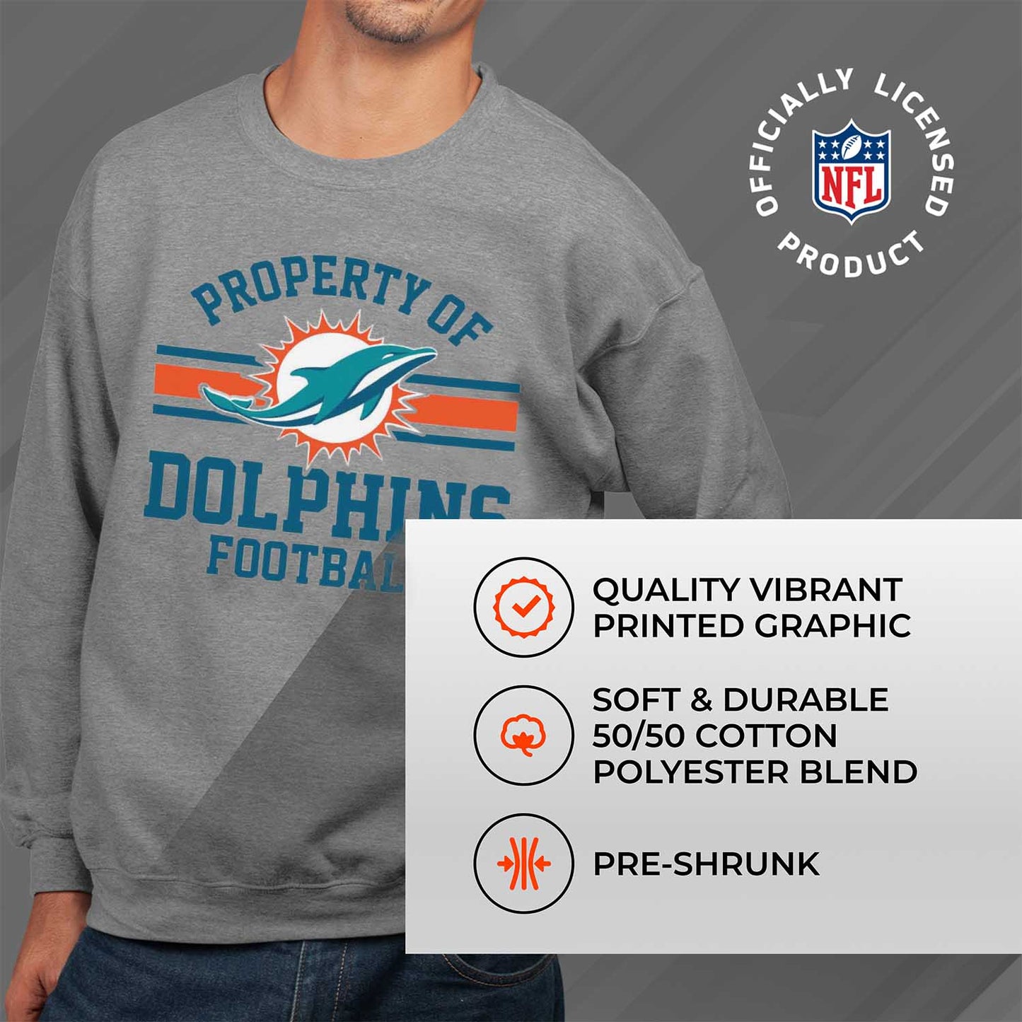 Miami Dolphins NFL Adult Property Of Crewneck Fleece Sweatshirt - Sport Gray