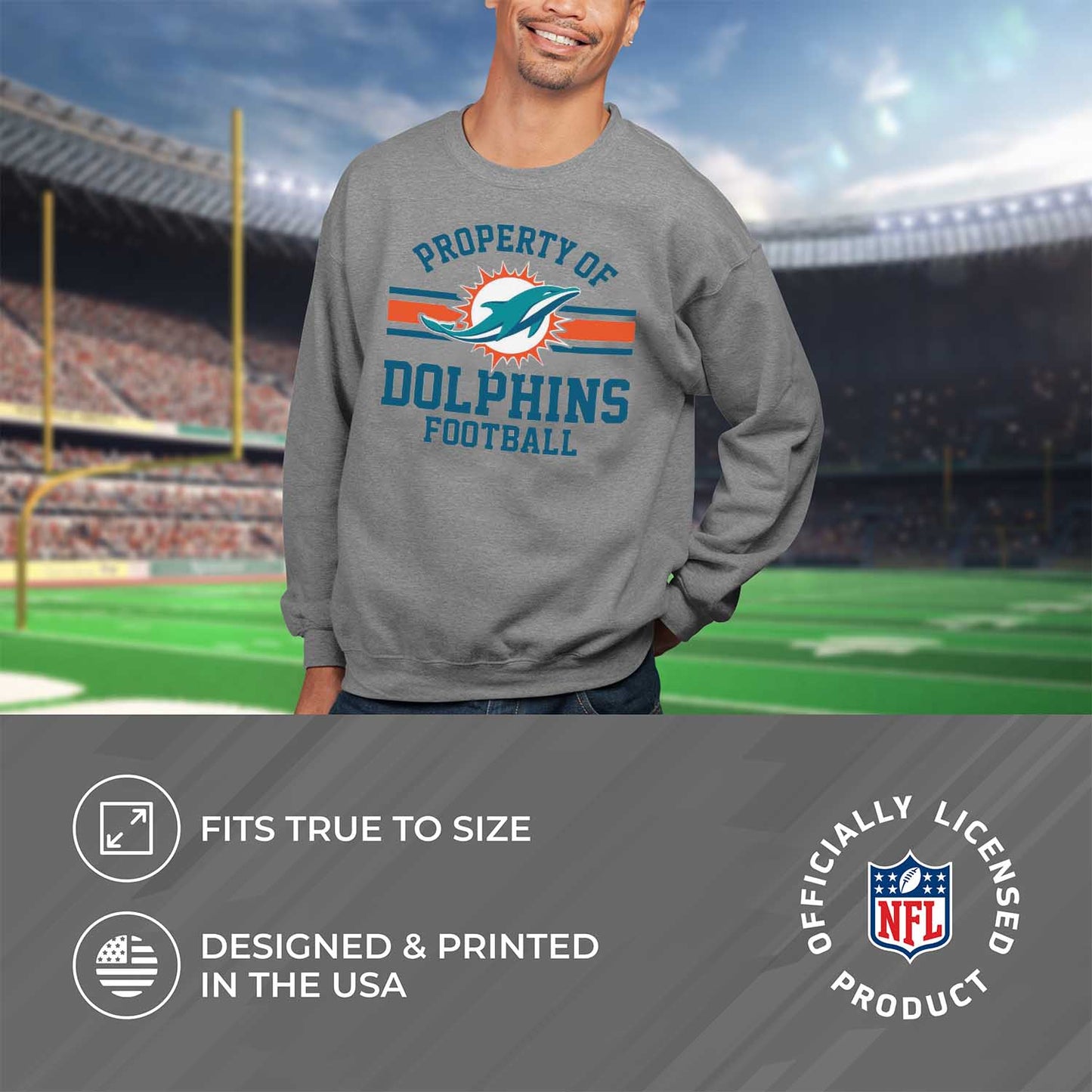 Miami Dolphins NFL Adult Property Of Crewneck Fleece Sweatshirt - Sport Gray