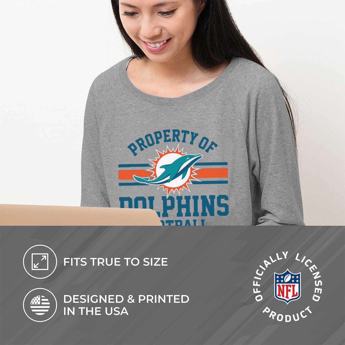 Miami Dolphins NFL Womens Property of Lighweight Crew Neck - Sport Gray