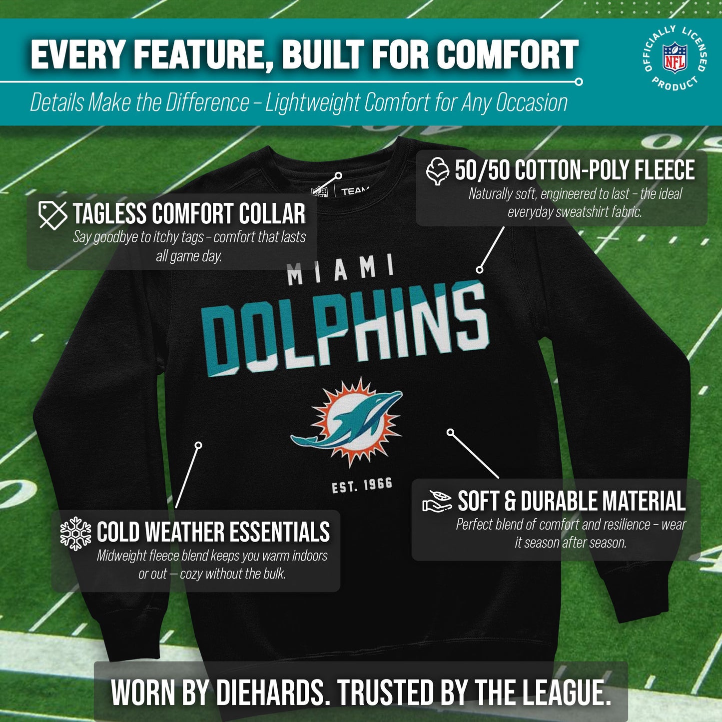 Miami Dolphins Adult NFL Diagonal Fade Color Block Crewneck Sweatshirt - Black