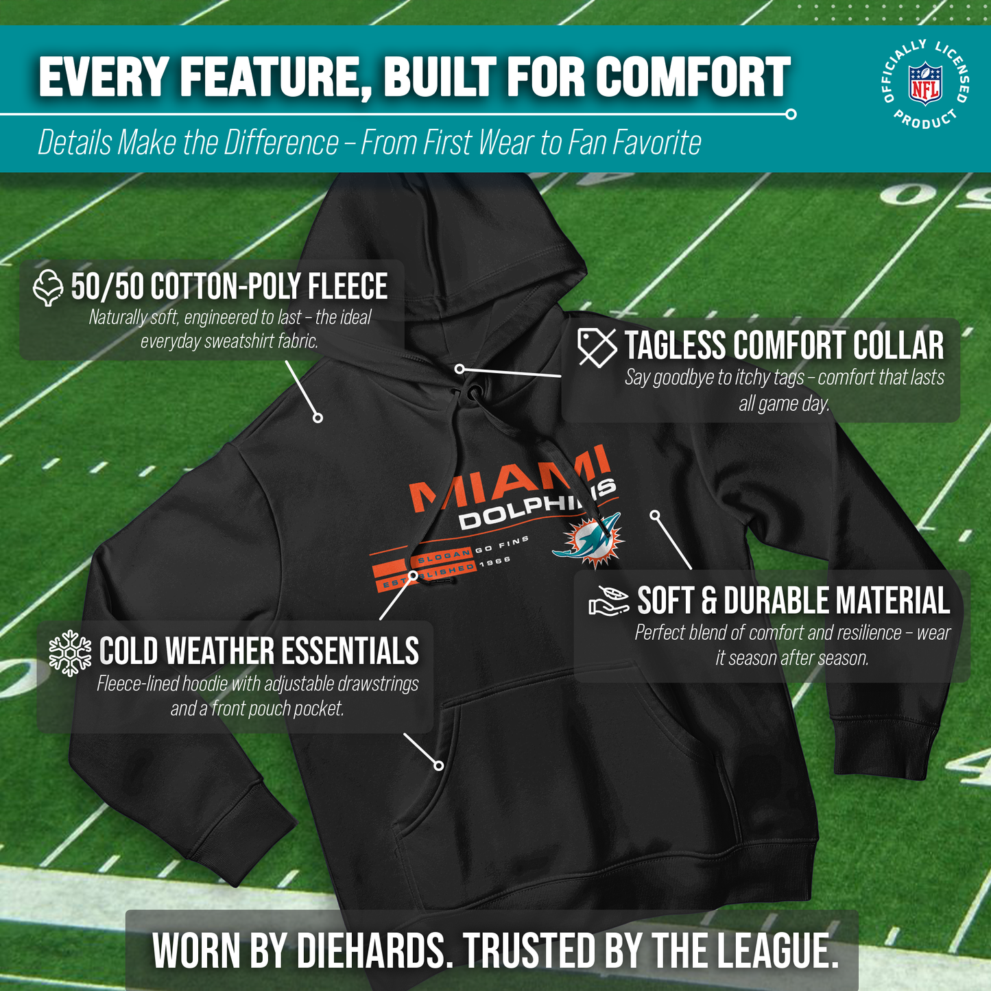 Miami Dolphins Adult NFL Speed Stat Sheet Fleece Hooded Sweatshirt - Black