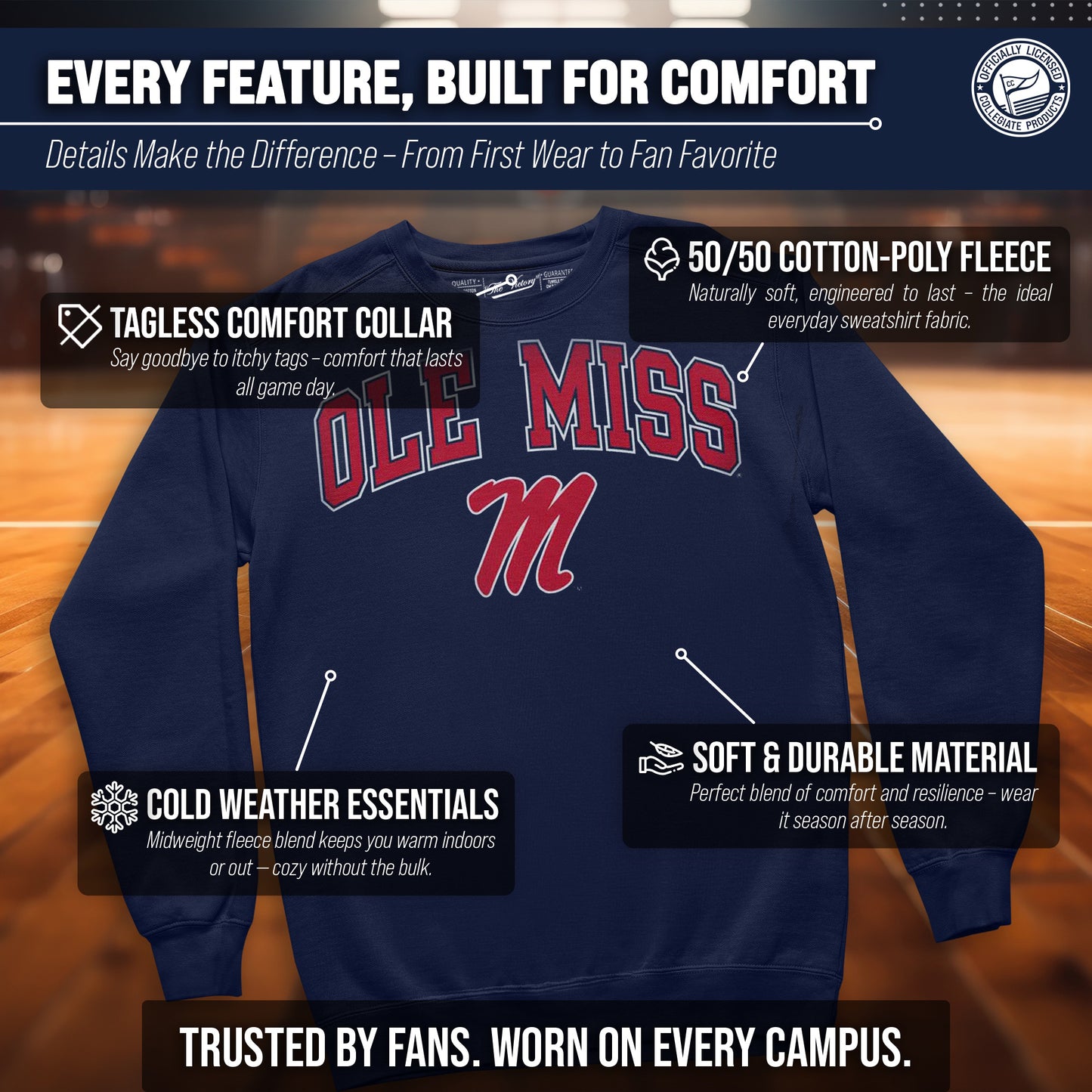 Ole Miss Rebels Adult Arch & Logo Soft Style Gameday Crewneck Sweatshirt - Navy