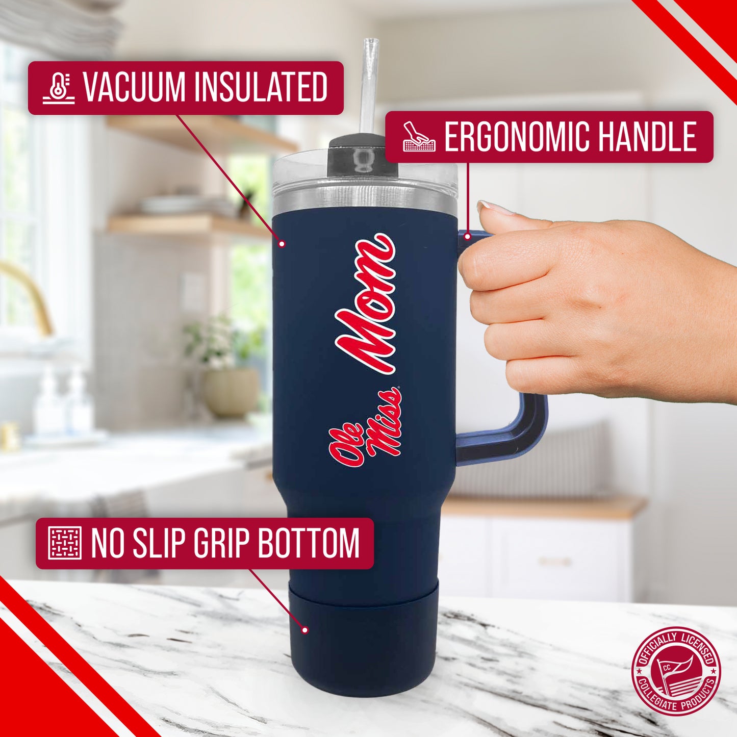 Ole Miss Rebels Collegiate 40oz Stainless Steel Travel Tumbler with Handle for Mom - Navy
