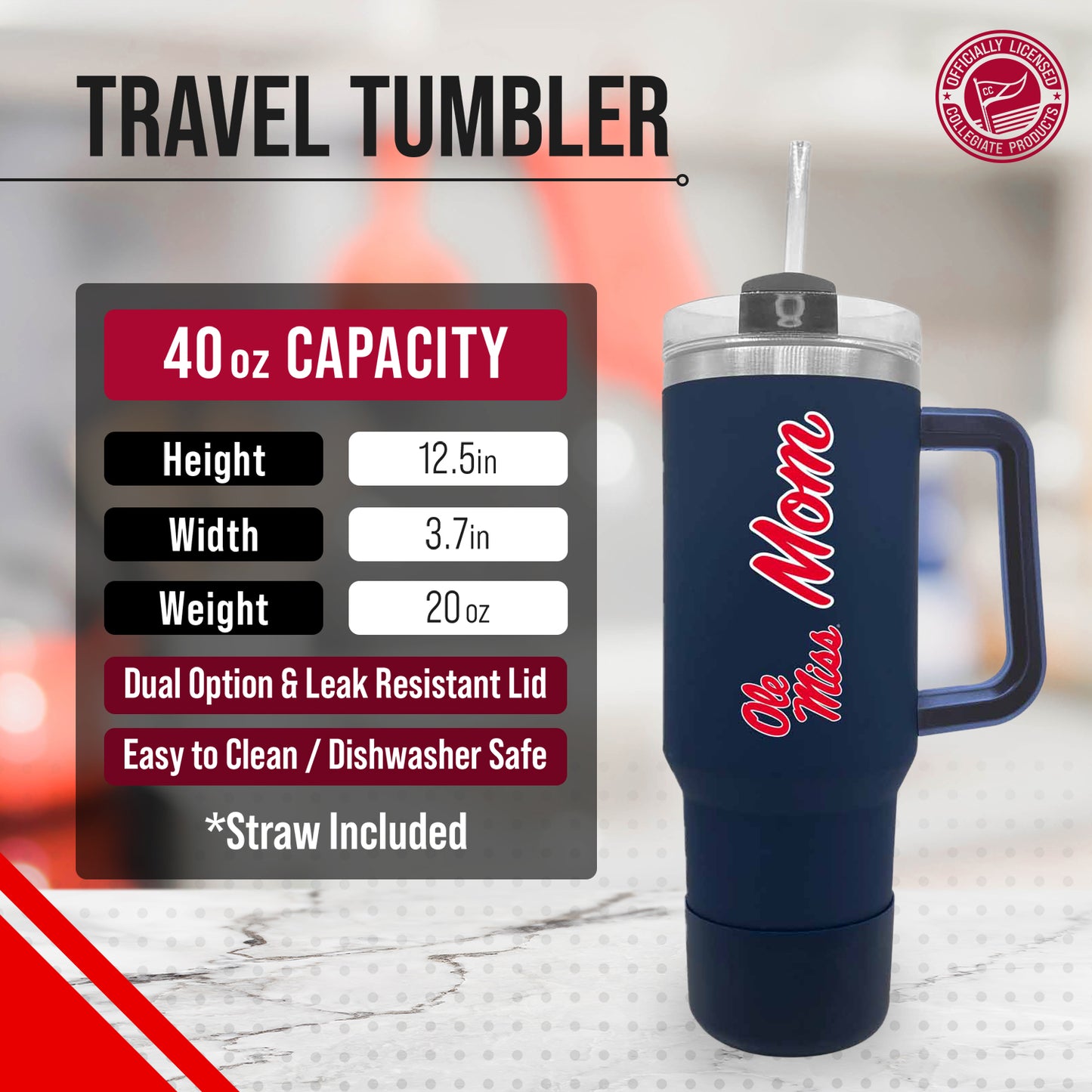 Ole Miss Rebels Collegiate 40oz Stainless Steel Travel Tumbler with Handle for Mom - Navy
