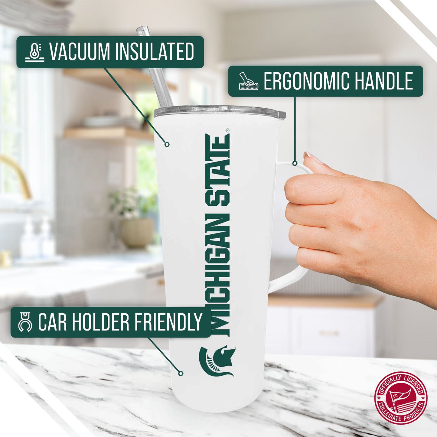 Michigan State Spartans NCAA Stainless Steel 20oz Roadie With Handle & Dual Option Lid With Straw - White