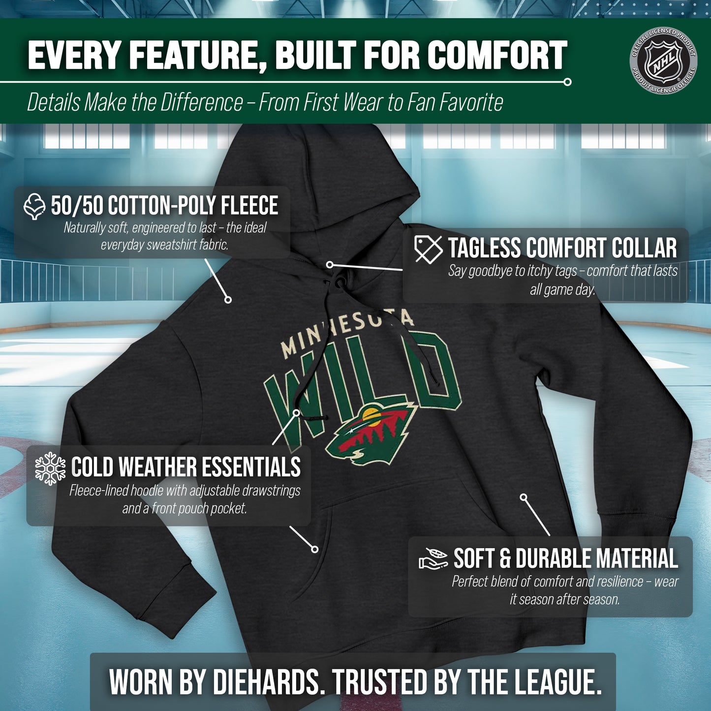 Minnesota Wild NHL Adult Unisex Powerplay Hooded Sweatshirt - Black Heather