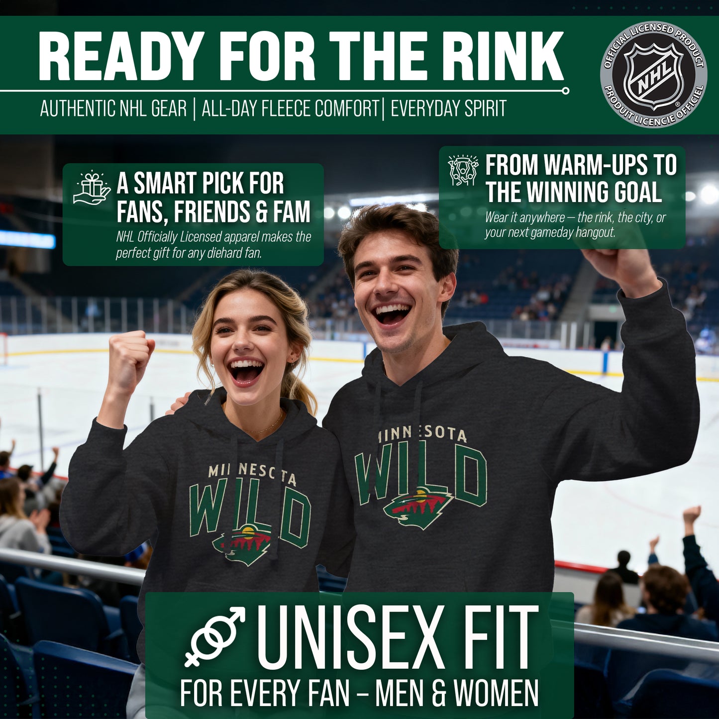 Minnesota Wild NHL Adult Unisex Powerplay Hooded Sweatshirt - Black Heather