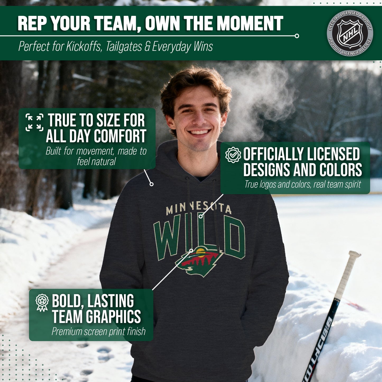 Minnesota Wild NHL Adult Unisex Powerplay Hooded Sweatshirt - Black Heather