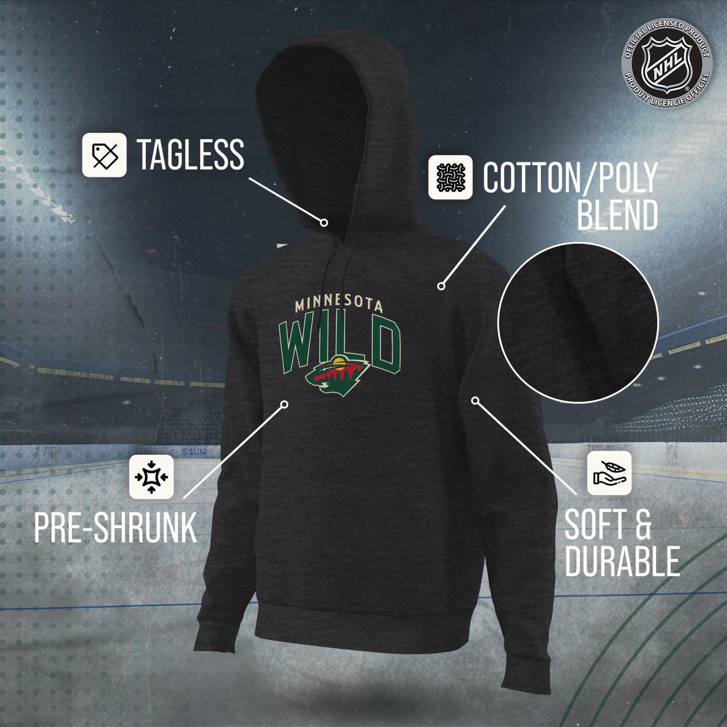 Minnesota Wild NHL Adult Unisex Powerplay Hooded Sweatshirt - Black Heather