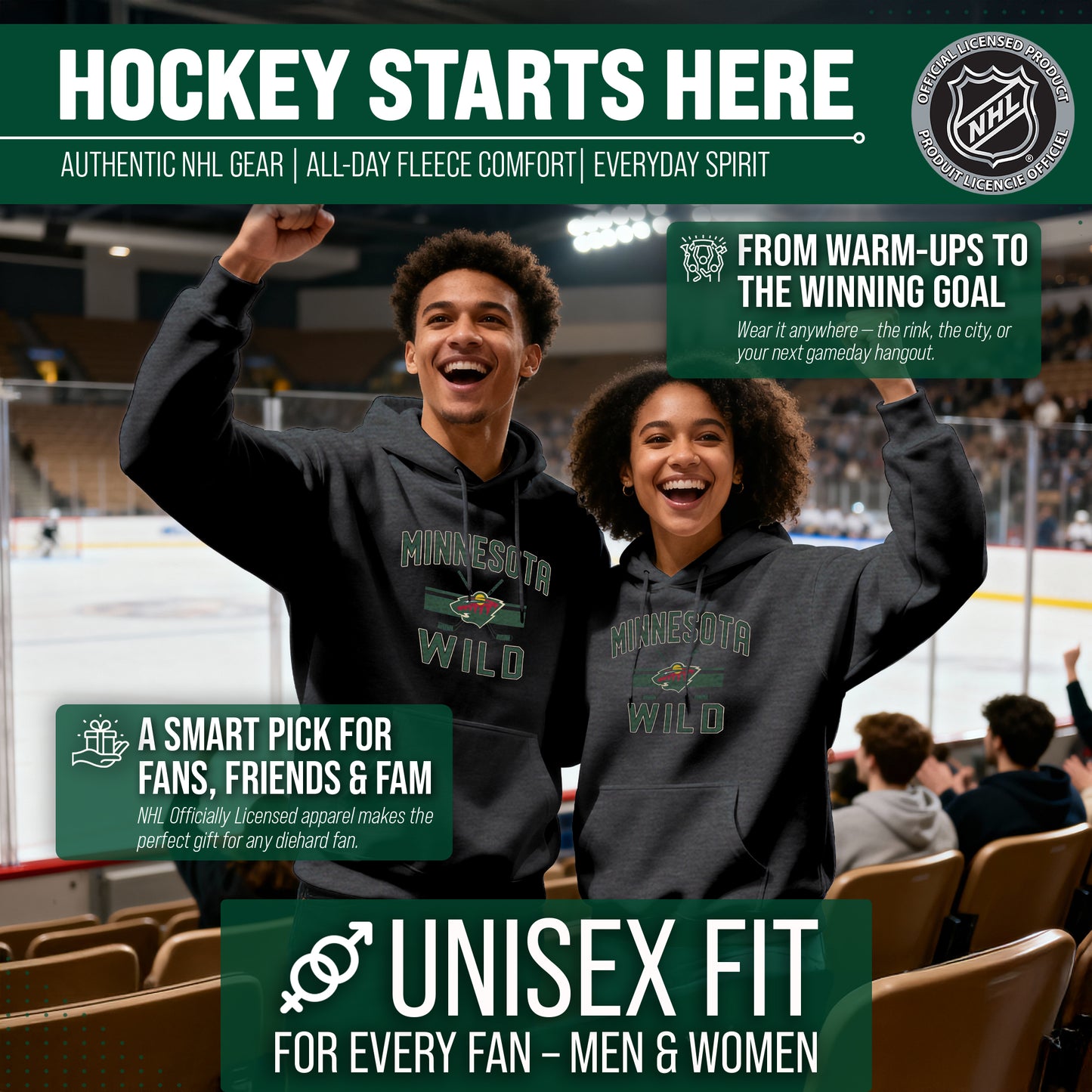 Minnesota Wild Adult NHL Faceoff Hockey Fleece Hooded Sweatshirt- Jersey Stripe - Black