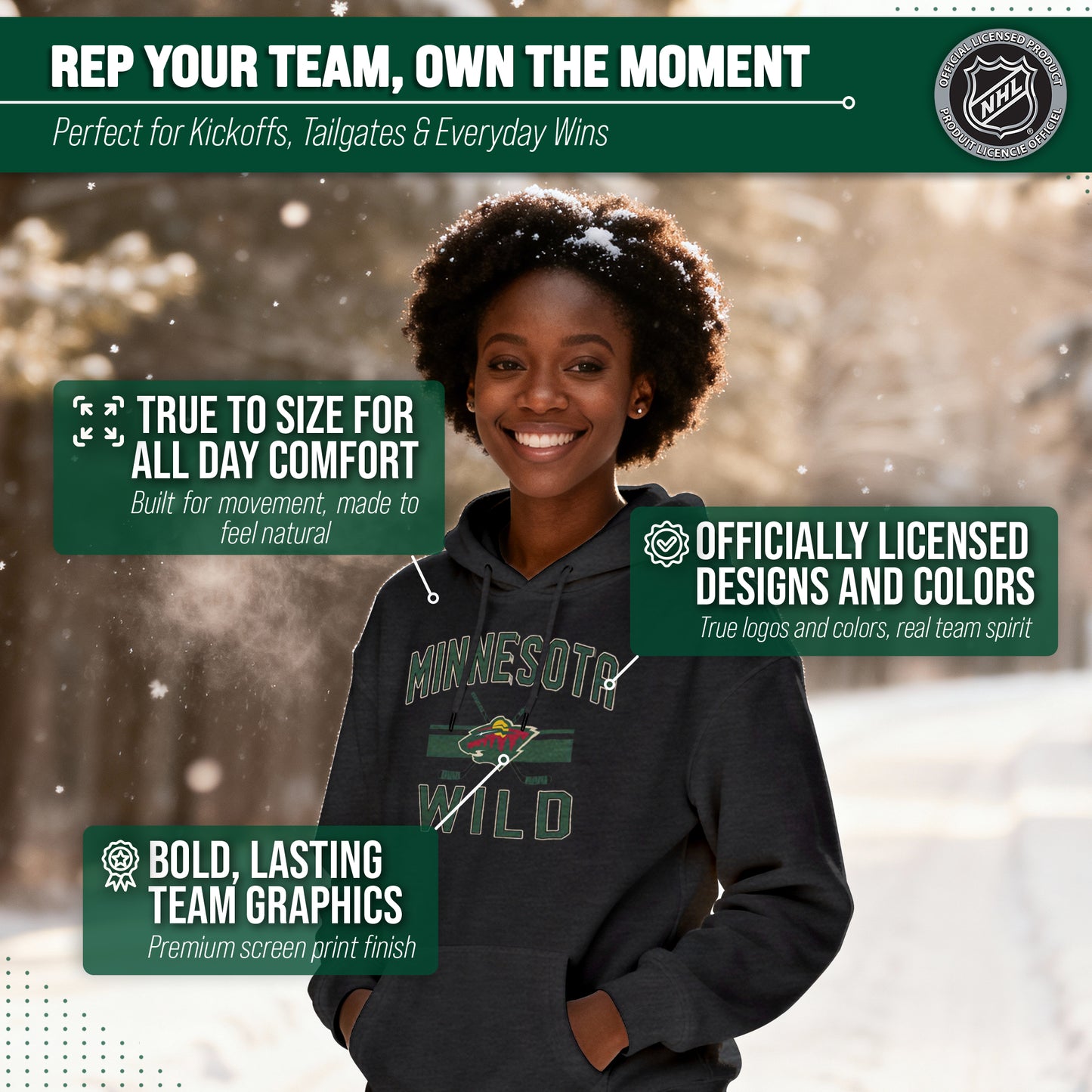 Minnesota Wild Adult NHL Faceoff Hockey Fleece Hooded Sweatshirt- Jersey Stripe - Black