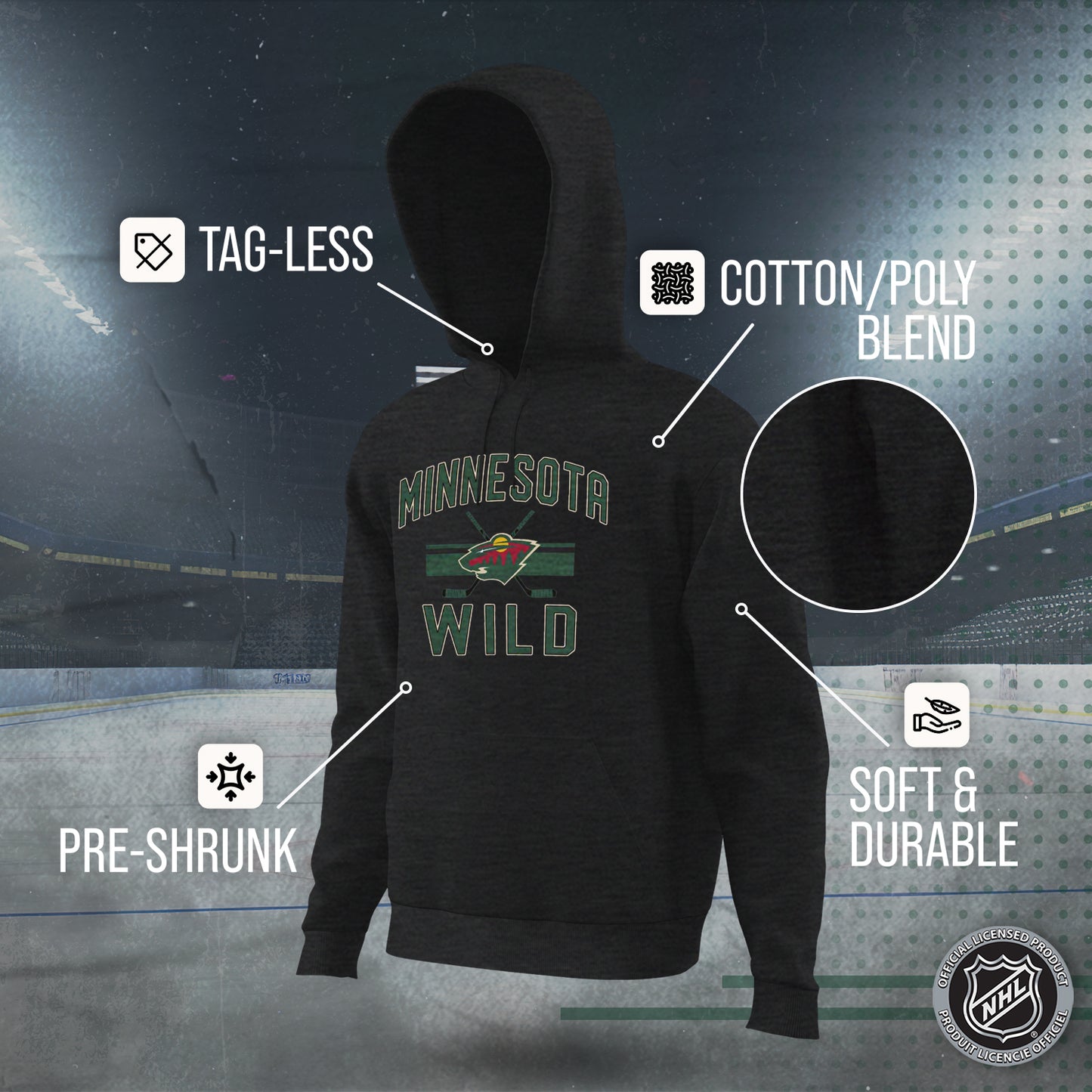 Minnesota Wild Adult NHL Faceoff Hockey Fleece Hooded Sweatshirt- Jersey Stripe - Black