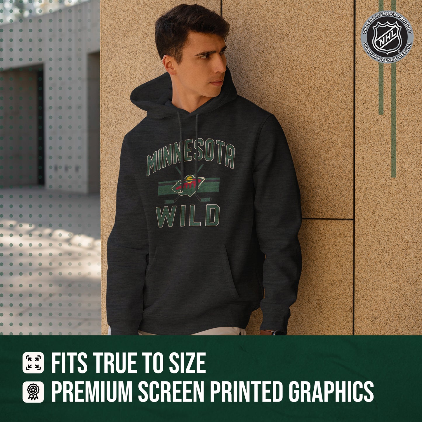 Minnesota Wild Adult NHL Faceoff Hockey Fleece Hooded Sweatshirt- Jersey Stripe - Black