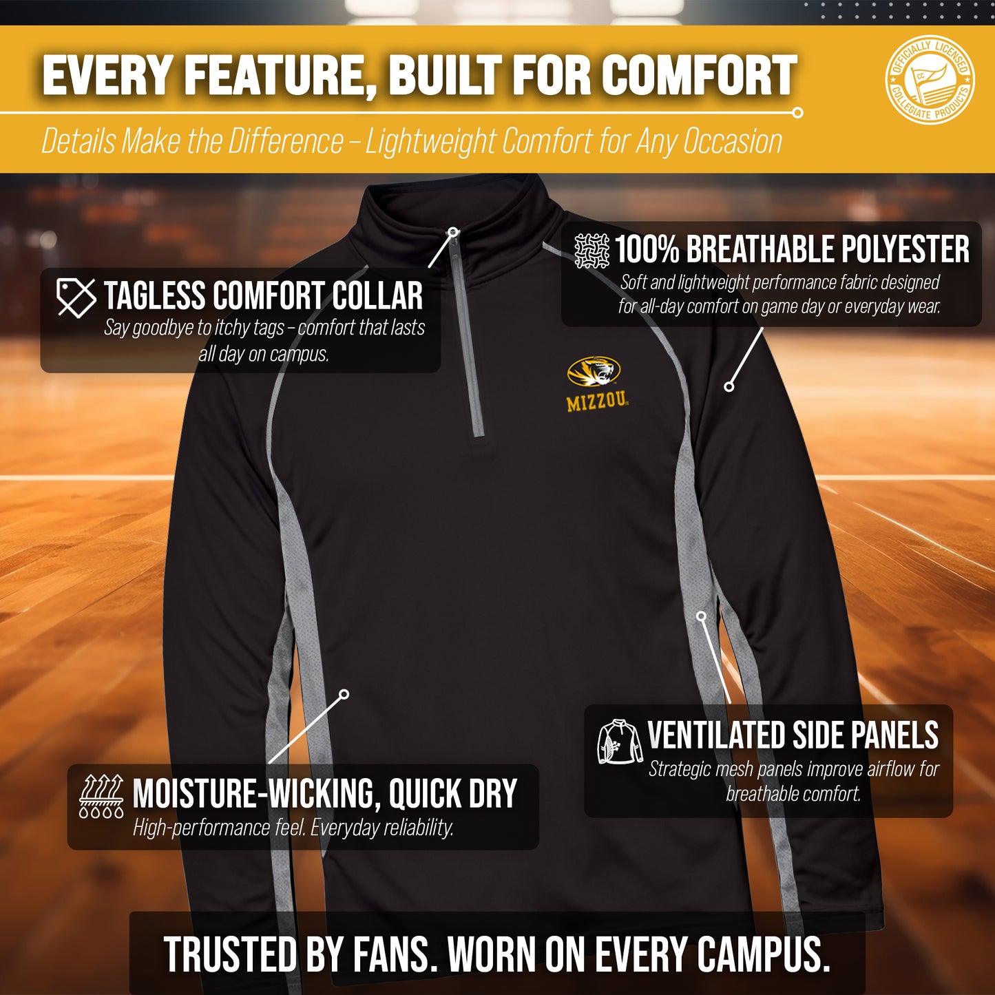 Missouri Tigers Mens NCAA Campus Classic Long Sleeve 1/4 Zip Windshirt - Black