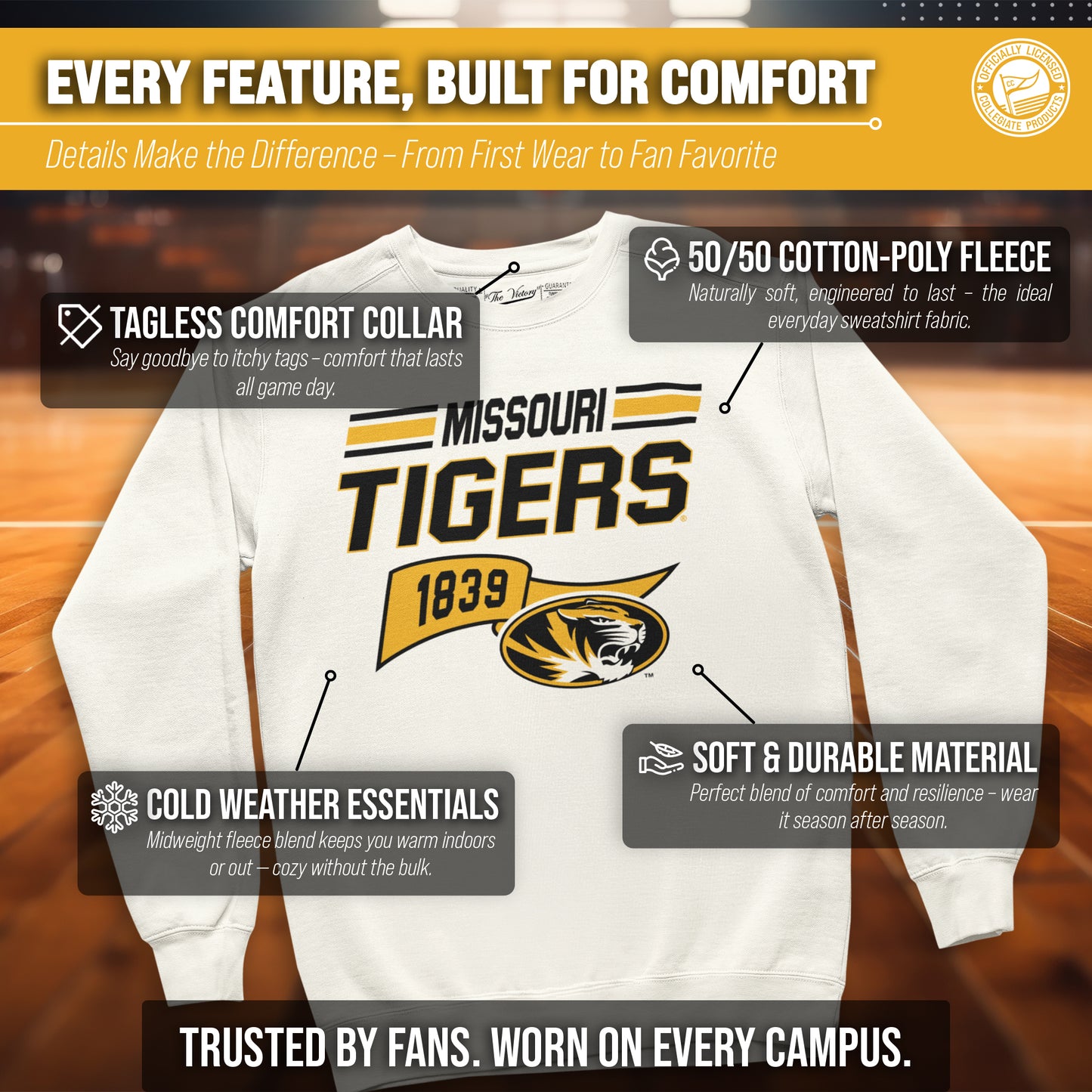 Missouri Tigers NCAA Adult Unisex Varsity Club Pennant Crewneck Fleece Sweatshirt - Off White