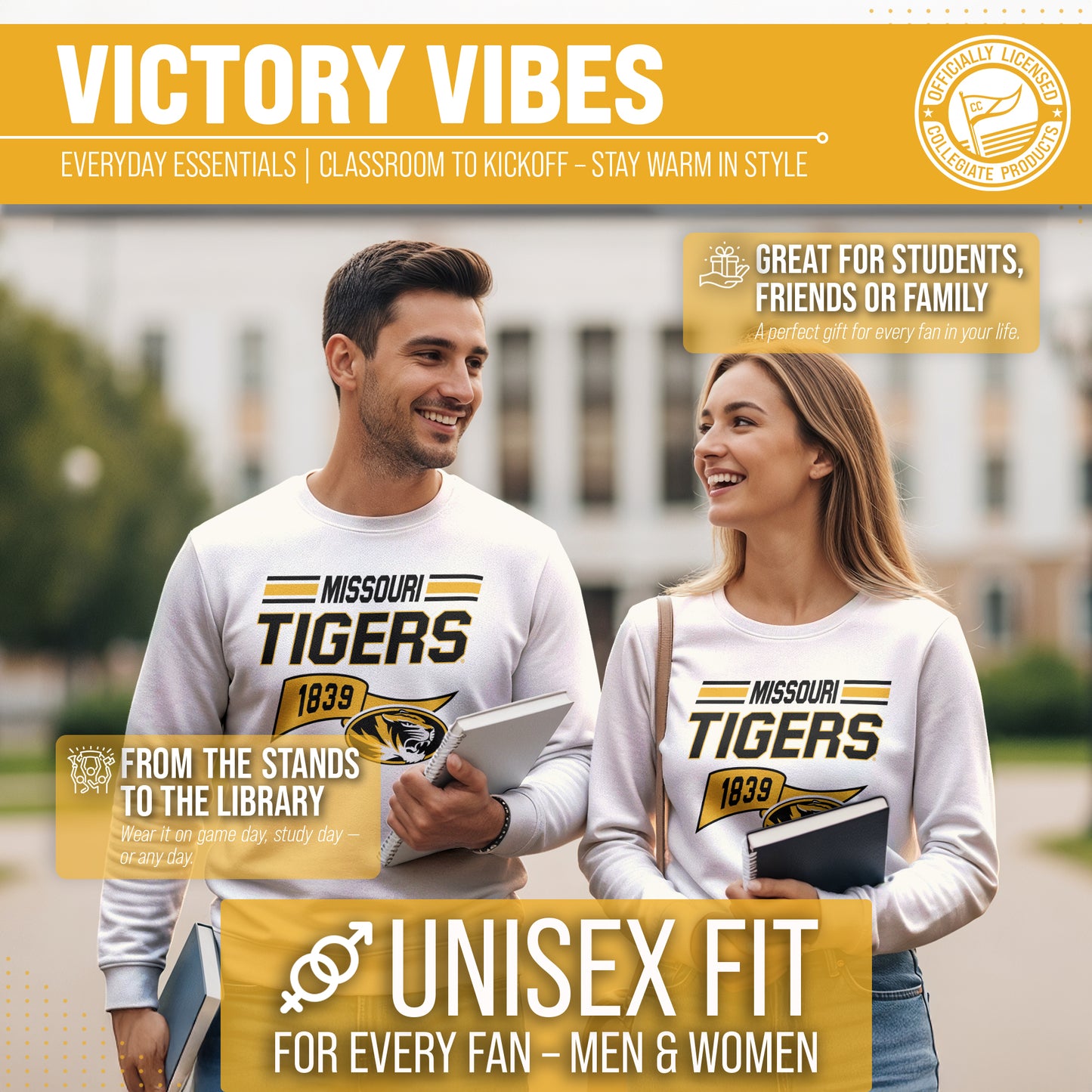 Missouri Tigers NCAA Adult Unisex Varsity Club Pennant Crewneck Fleece Sweatshirt - Off White