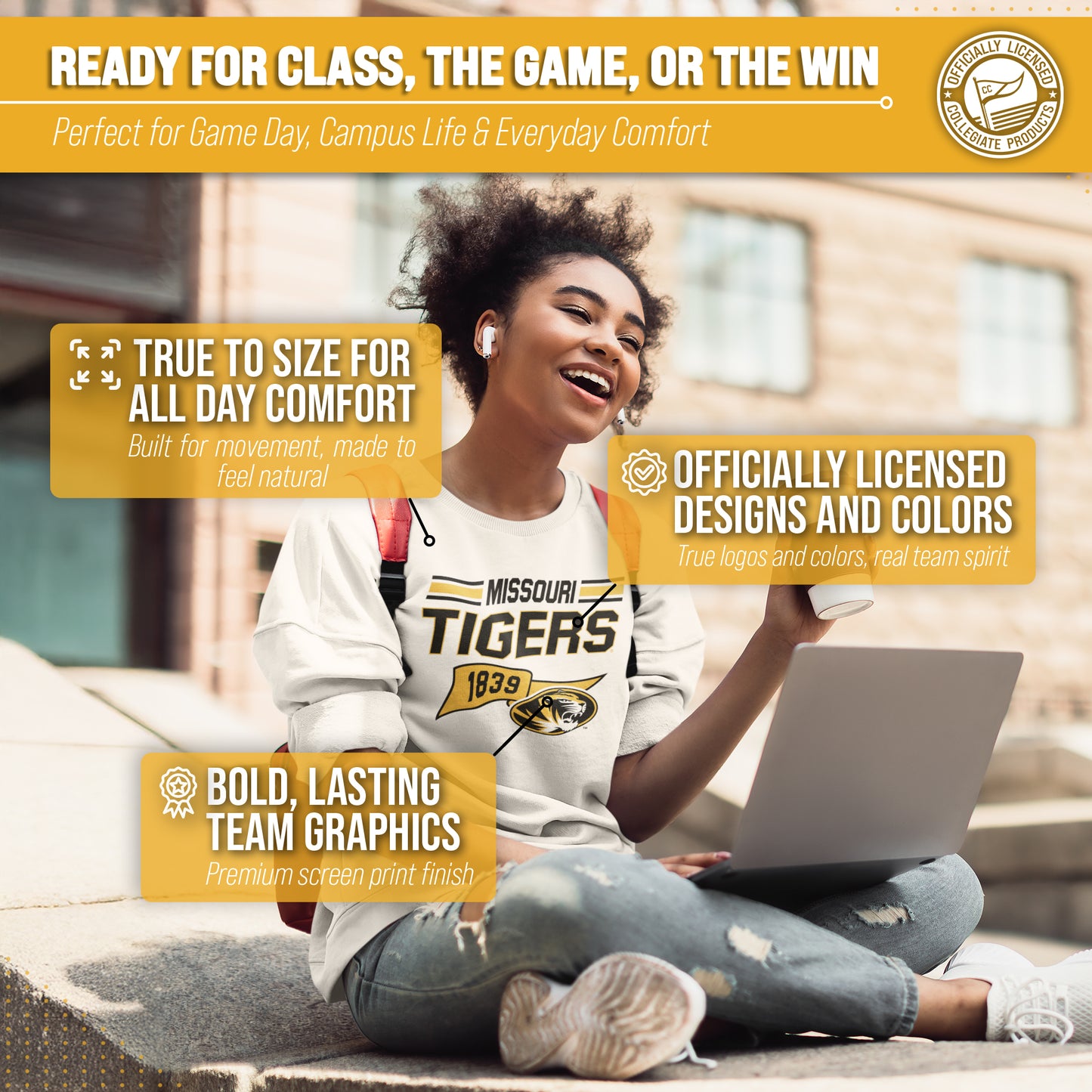 Missouri Tigers NCAA Adult Unisex Varsity Club Pennant Crewneck Fleece Sweatshirt - Off White