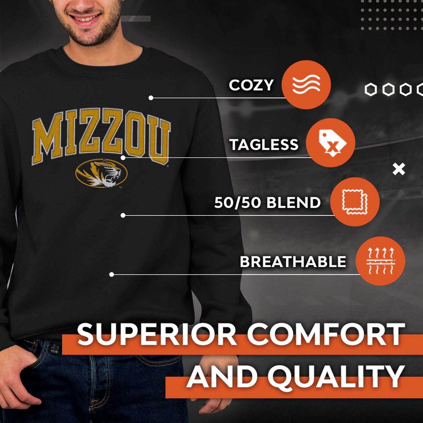 Missouri Tigers NCAA Adult Tackle Twill Crewneck Sweatshirt - Black