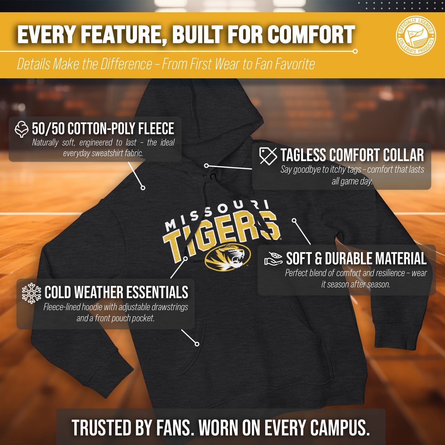 Missouri Tigers NCAA Adult Unisex Starting Fresh Heathered Hooded Fleece Sweatshirt - Black Heather