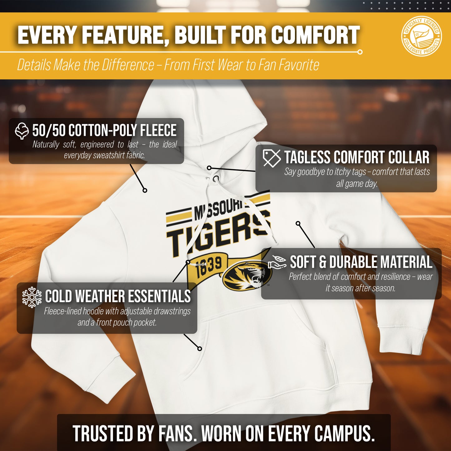 Missouri Tigers NCAA Adult Unisex Varsity Club Pennant Hooded Fleece Sweatshirt - Off White