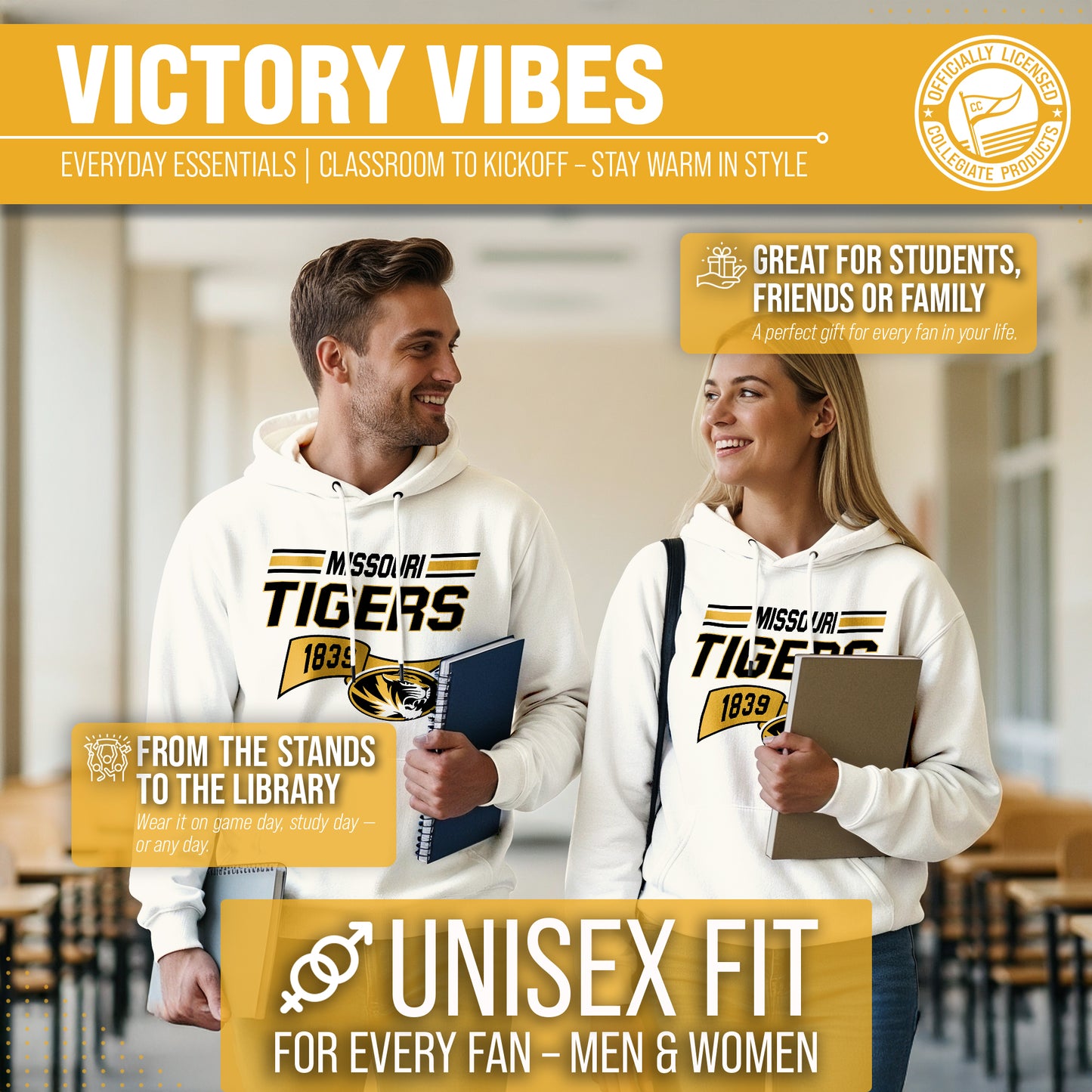 Missouri Tigers NCAA Adult Unisex Varsity Club Pennant Hooded Fleece Sweatshirt - Off White