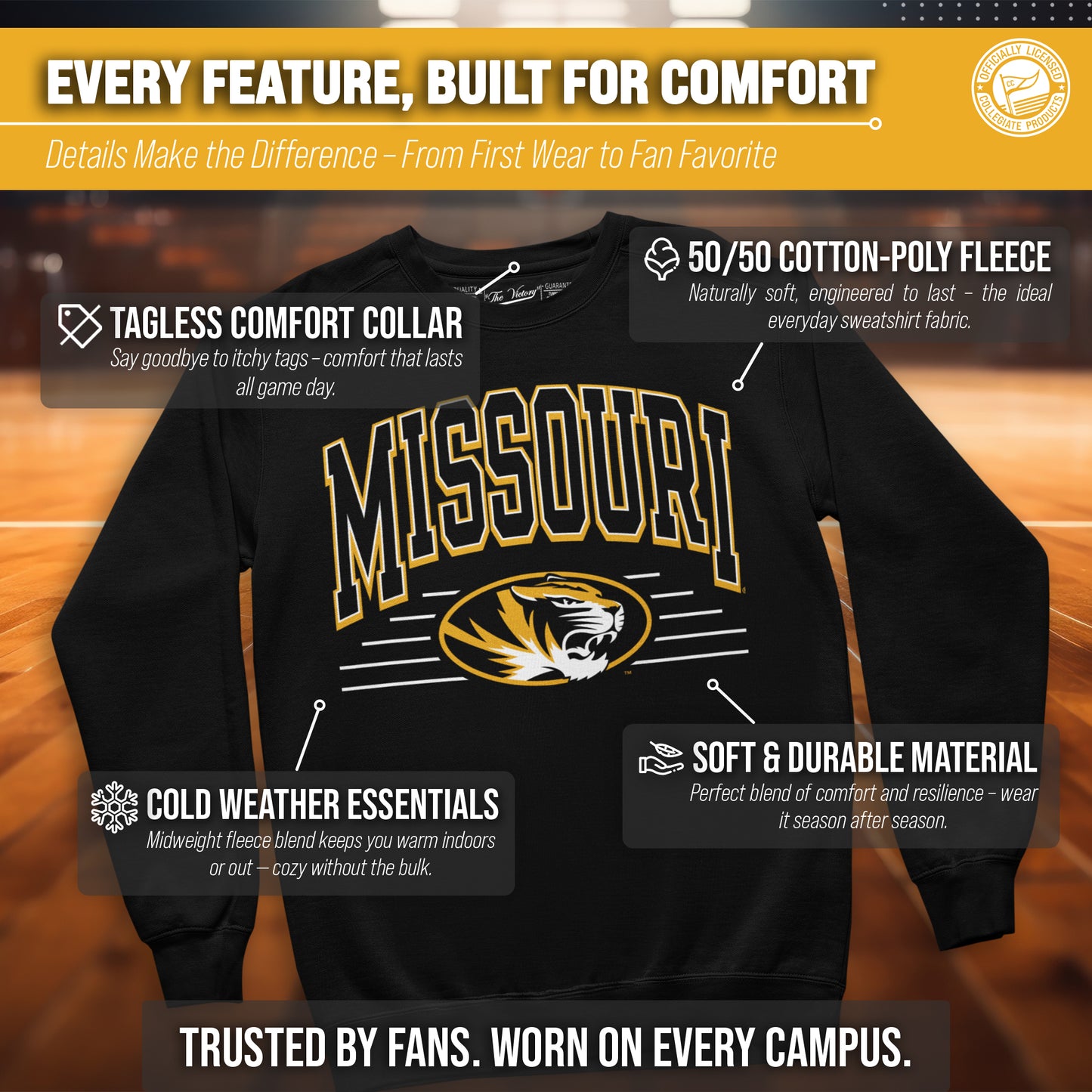 Missouri Tigers NCAA Adult Unisex Overtime Classics Crewneck Fleece Sweatshirt - Black