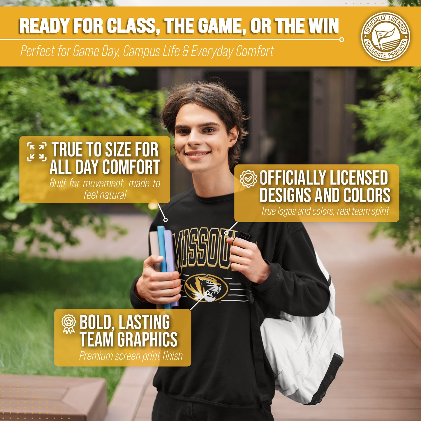 Missouri Tigers NCAA Adult Unisex Overtime Classics Crewneck Fleece Sweatshirt - Black