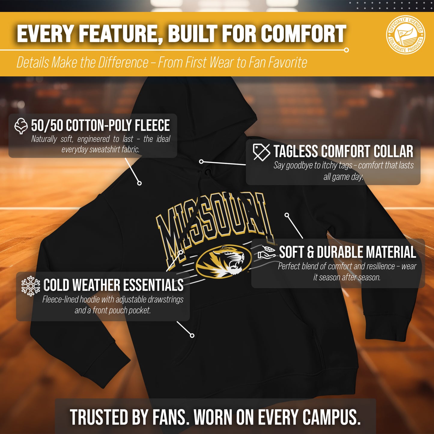 Missouri Tigers NCAA Adult Unisex Overtime Classics Hooded Fleece Sweatshirt - Black